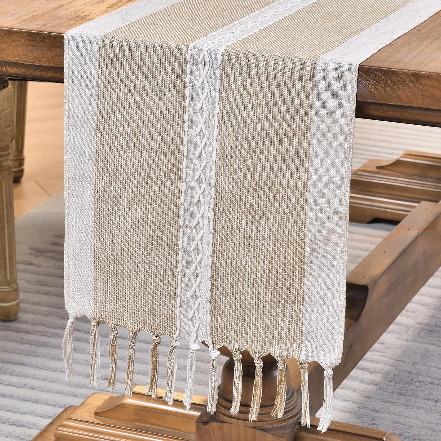 Wracra Embroidery Cotton Linen Table Runner Indoor Outdoor Farmhouse Style Coffee Table Runner 90cm with Hand-tassels for Party Dining Kitchen Decorations(Coffee, 90cm)