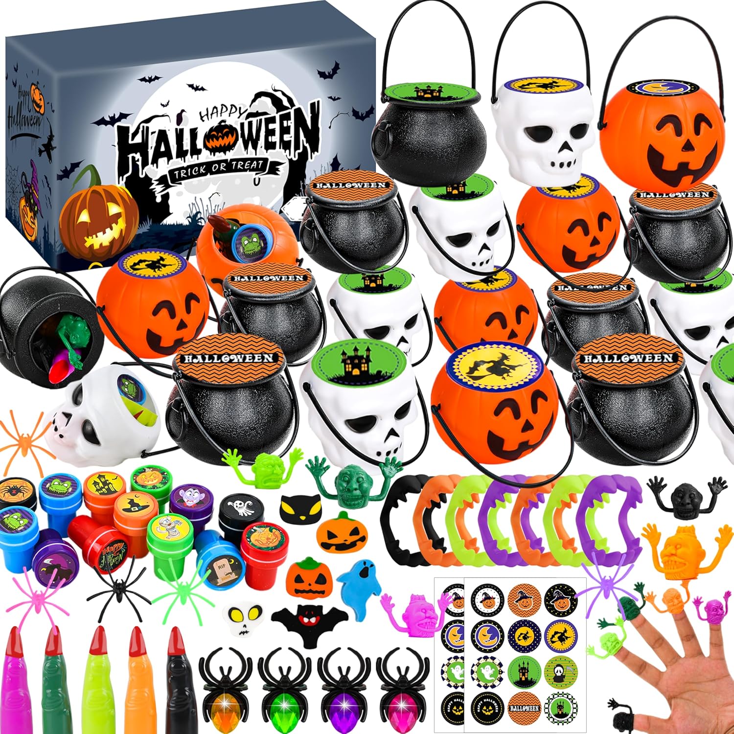 216 Pcs Halloween Party Favors Prefilled Witch Cauldron Pumpkin Bucket Skull Halloween Bucket, Halloween Toys Novelty Prizes Bulk Party Favors Supplies Treats for kids