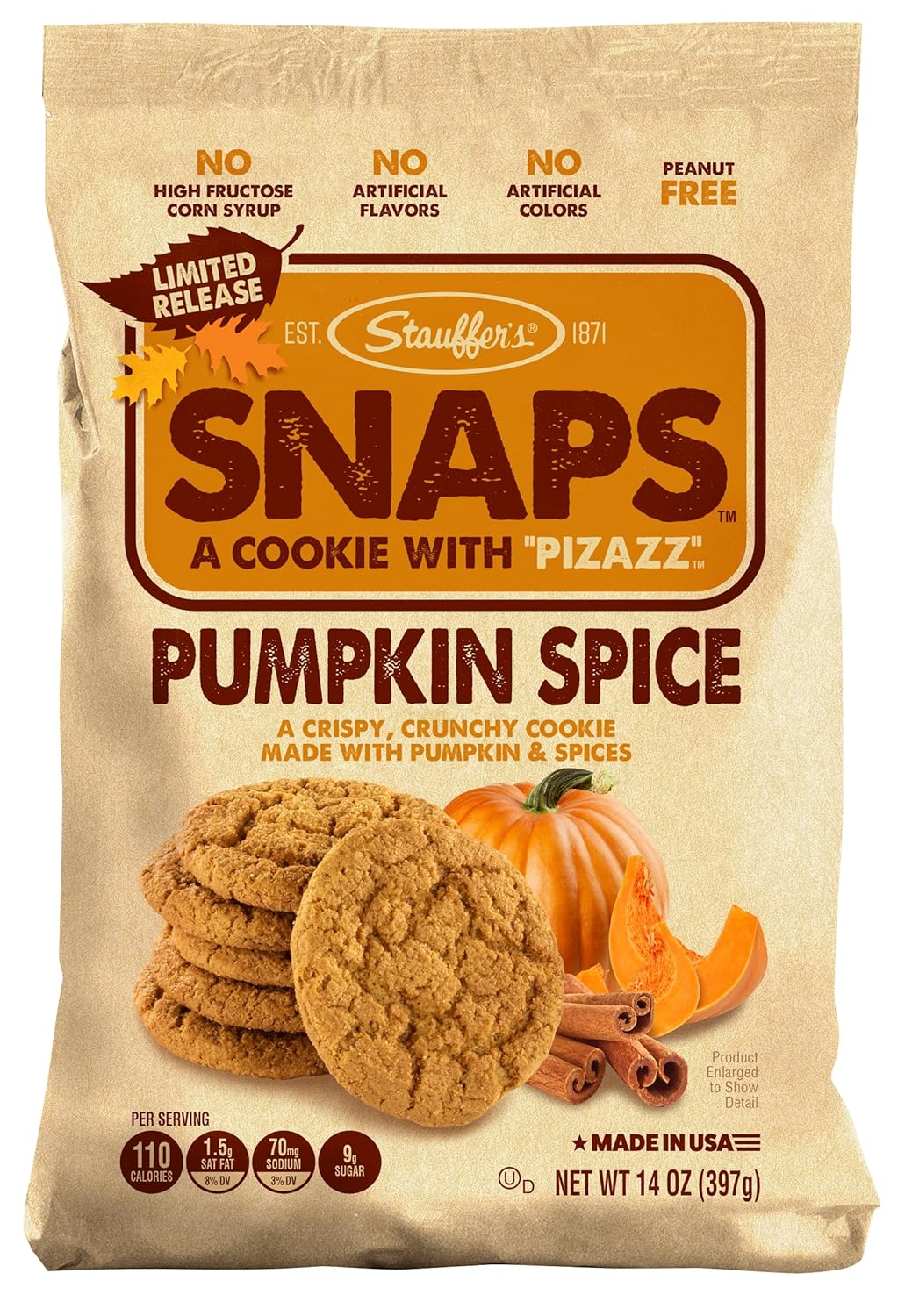 STAUFFERS Pumpkin Spice SNAPS Cookies - 14oz Bag - Pumpkin Spice Flavored Cookies with No High Fructose Corn Syrup, Artificial Flavors or Colors