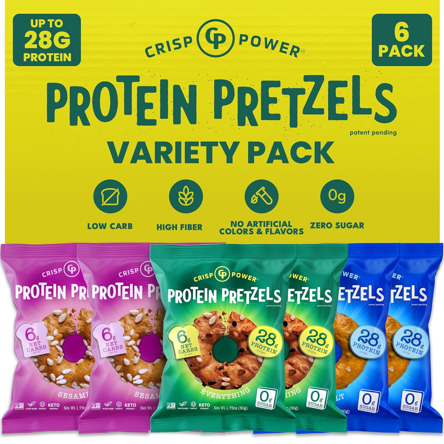 CRISP POWER Protein Pretzels, Variety Pack With Sea Salt, Sesame, & Everything, Up To 28G Protein, High Protein Snack, High Fiber, Low Carb Crunchy Pretzel Snacks, No Added Sugar, 1.75 oz Bags, 6 Pack, Vegan, Keto
