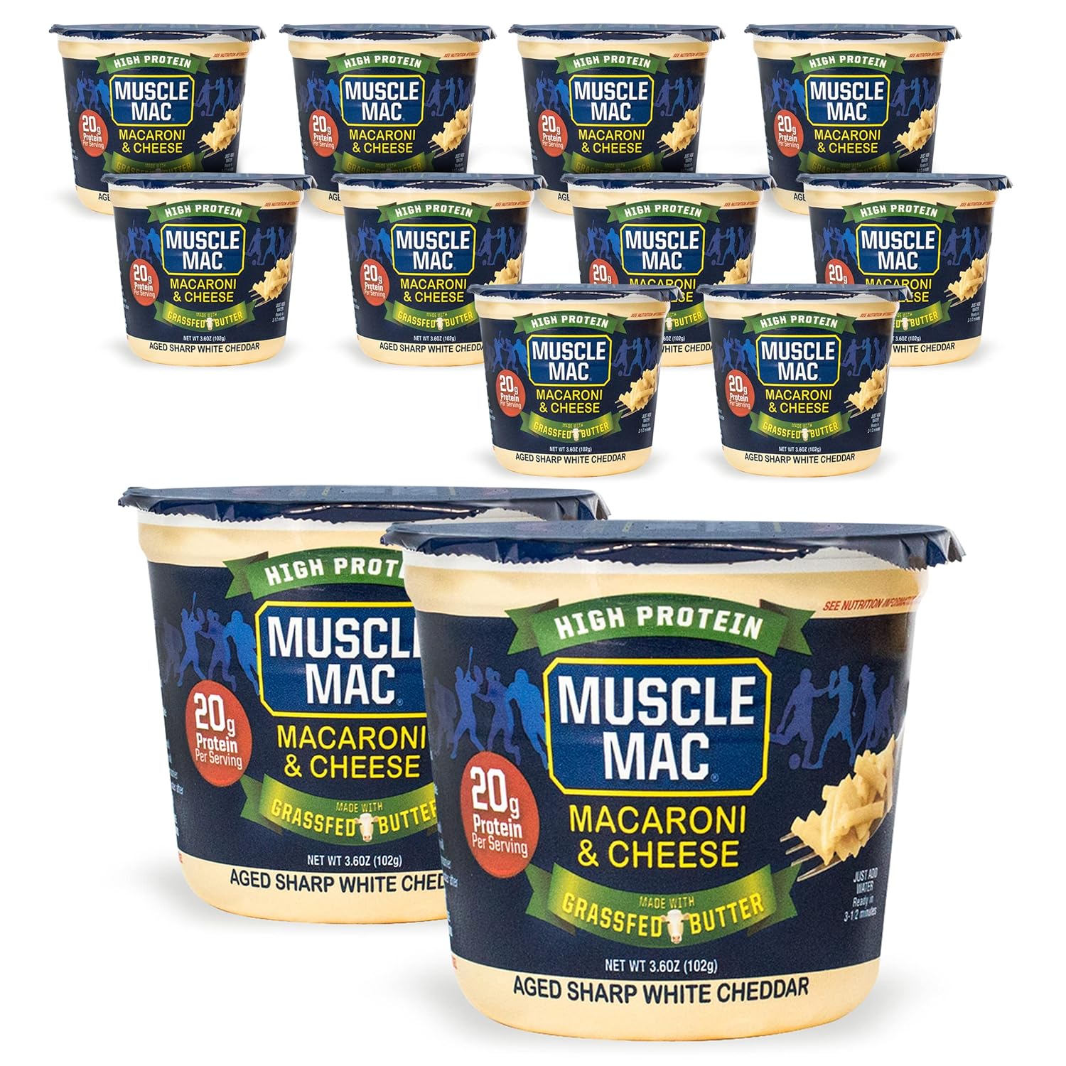 Muscle Mac Microwavable Macaroni & Cheese Cups - Aged Sharp White Cheddar Cheese - Made With Real Cheese & Butter from GrassFed Cows - Vegetarian-Friendly Pea Protein - 3.6 oz. (Pack of 12)