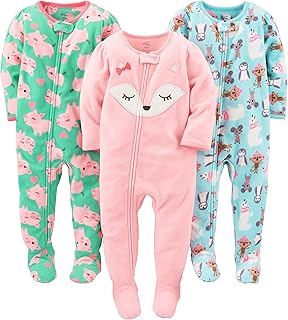 Simple Joys by Carter's Toddlers and Baby Girls' Loose-Fit Flame Resistant Fleece Footed Pajamas, Pack of 3