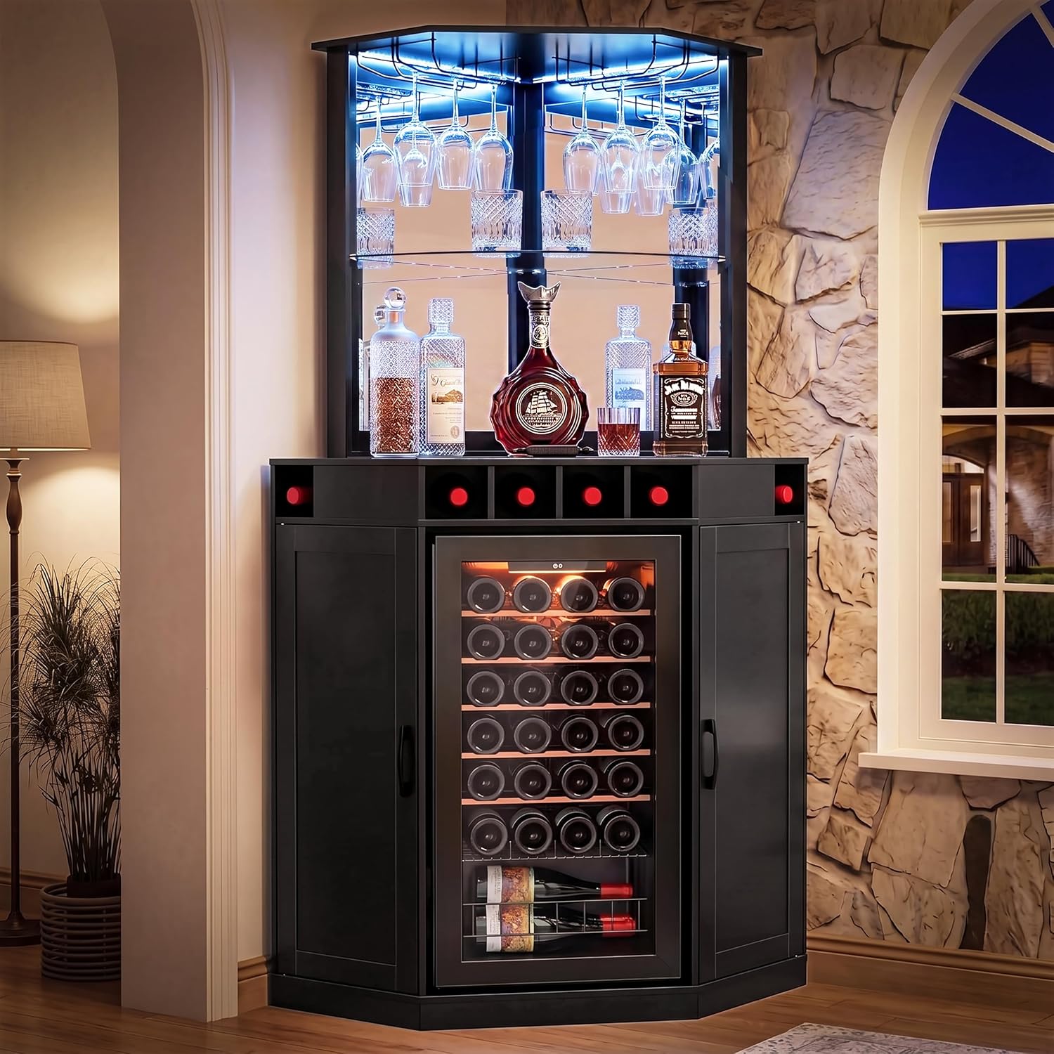 GDLF 73.1" Tall Corner Bar Cabinet with Fridge Space, LED Liquor Bar, Black