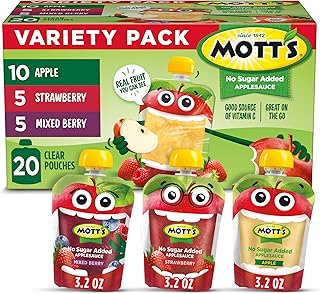 Mott's No Sugar Added Applesauce Variety Pack, 3.2 oz clear pouches, 20 pack, Made From Real Fruit, Good Source of Vitamin C, On-the-Go