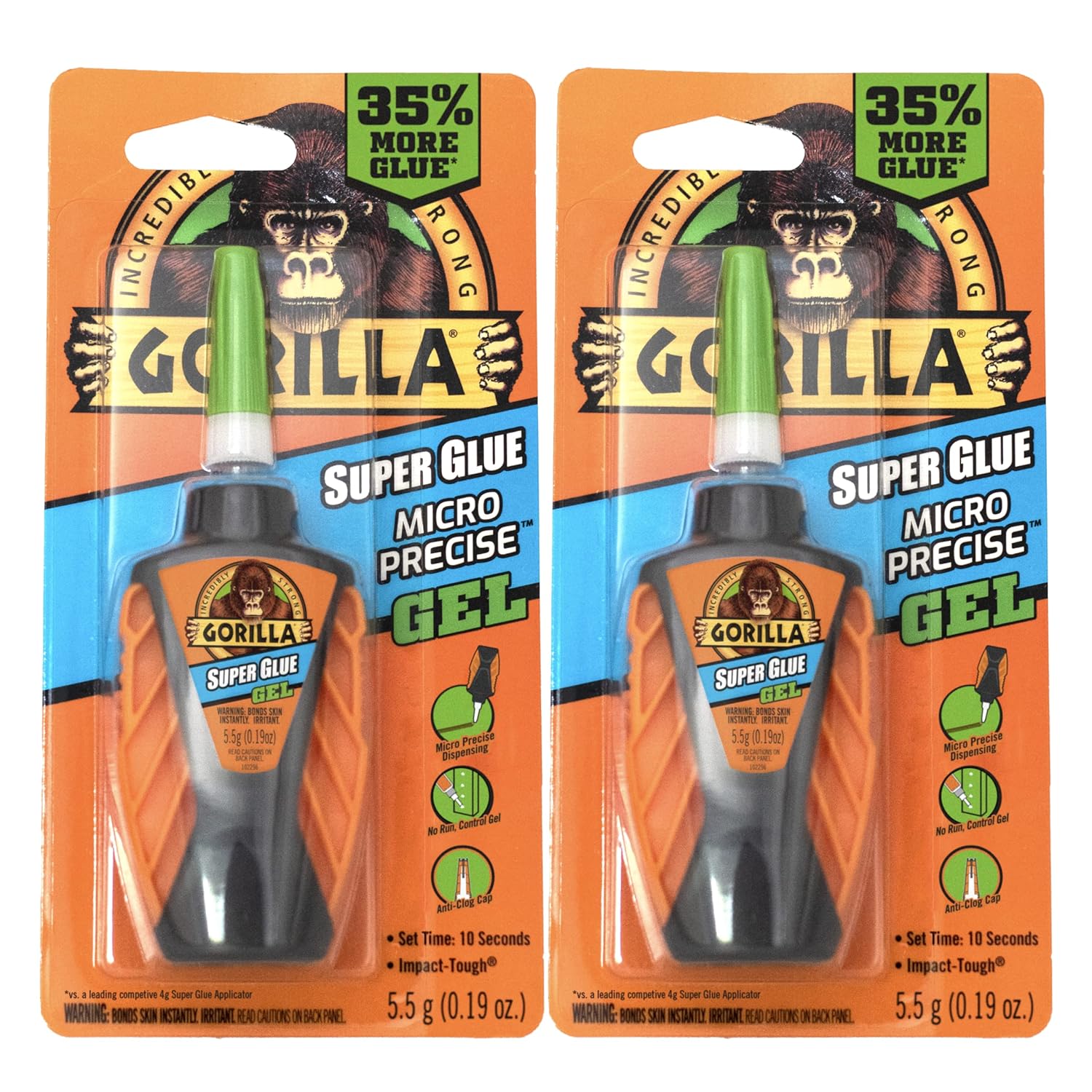 Gorilla Micro Precise Super Glue Gel, Cyanoacrylate Glue, Fast Setting, Precise Dispensing Tool, Anti-Clog Cap, Clear, 5.5g, (Pack of 2)