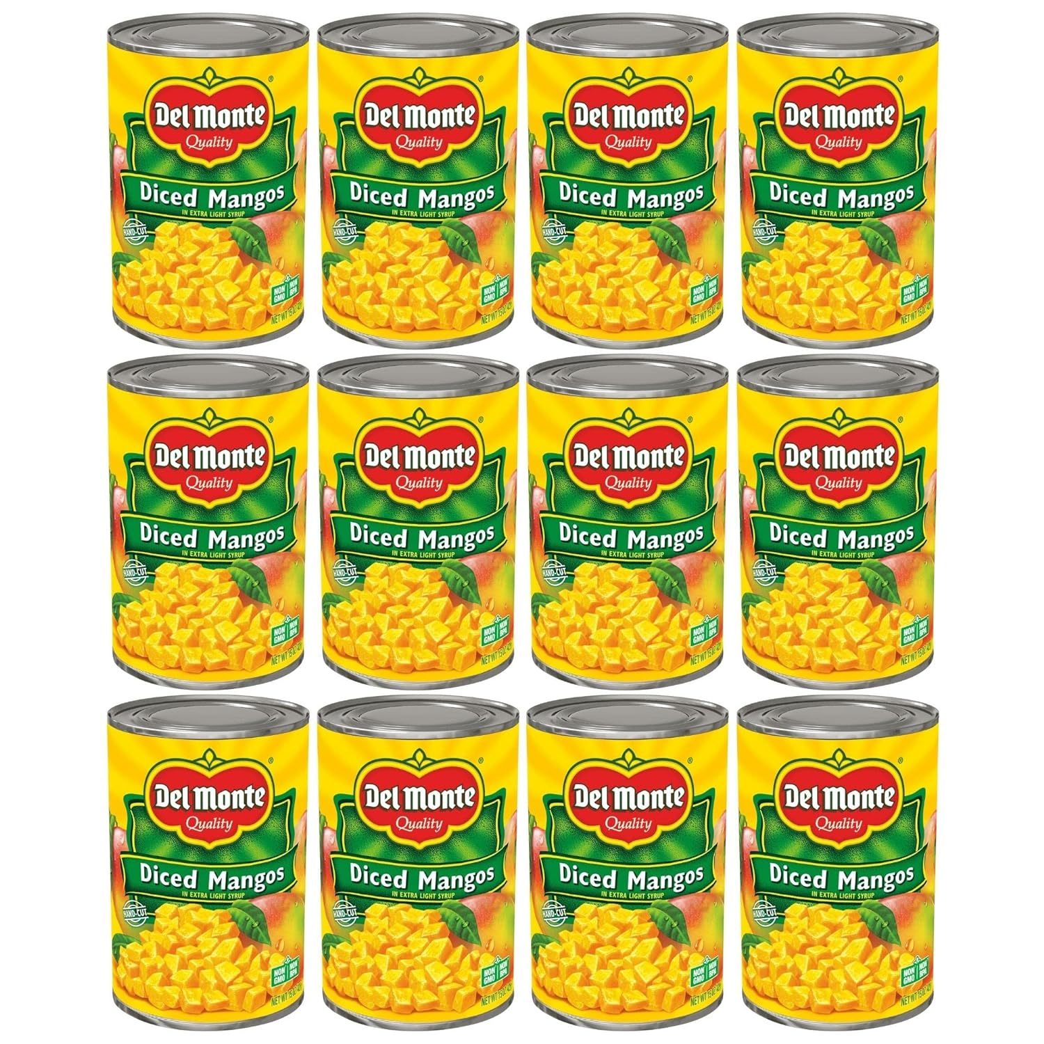 Del Monte Diced Mango in Extra Light Syrup, Canned Fruit, 12 Pack, 15 oz Can, Yellow