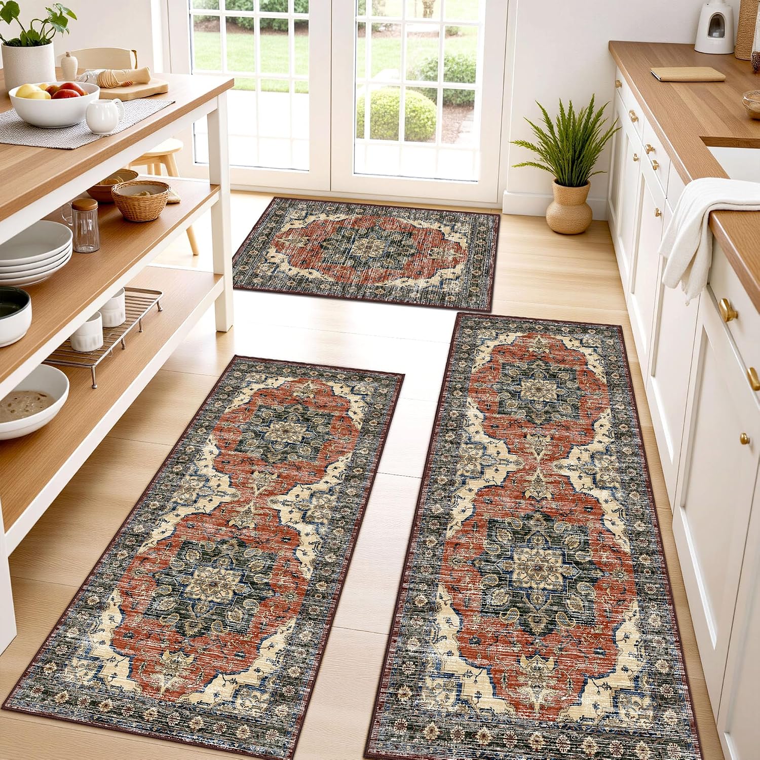 Upgrade Non Slip Kitchen Rugs Sets of 3 Washable Kitchen Rugs, Orange Red