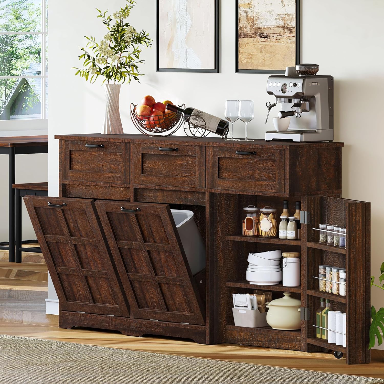 DWVO Double Tilt Out Trash Cabinet, 20 Gallon Laundry Hamper Cabinet with 3 Drawers and Adjustable Shelves, Hidden Trash Can Cabinets for Kitchen, Living Room, Brown Oak