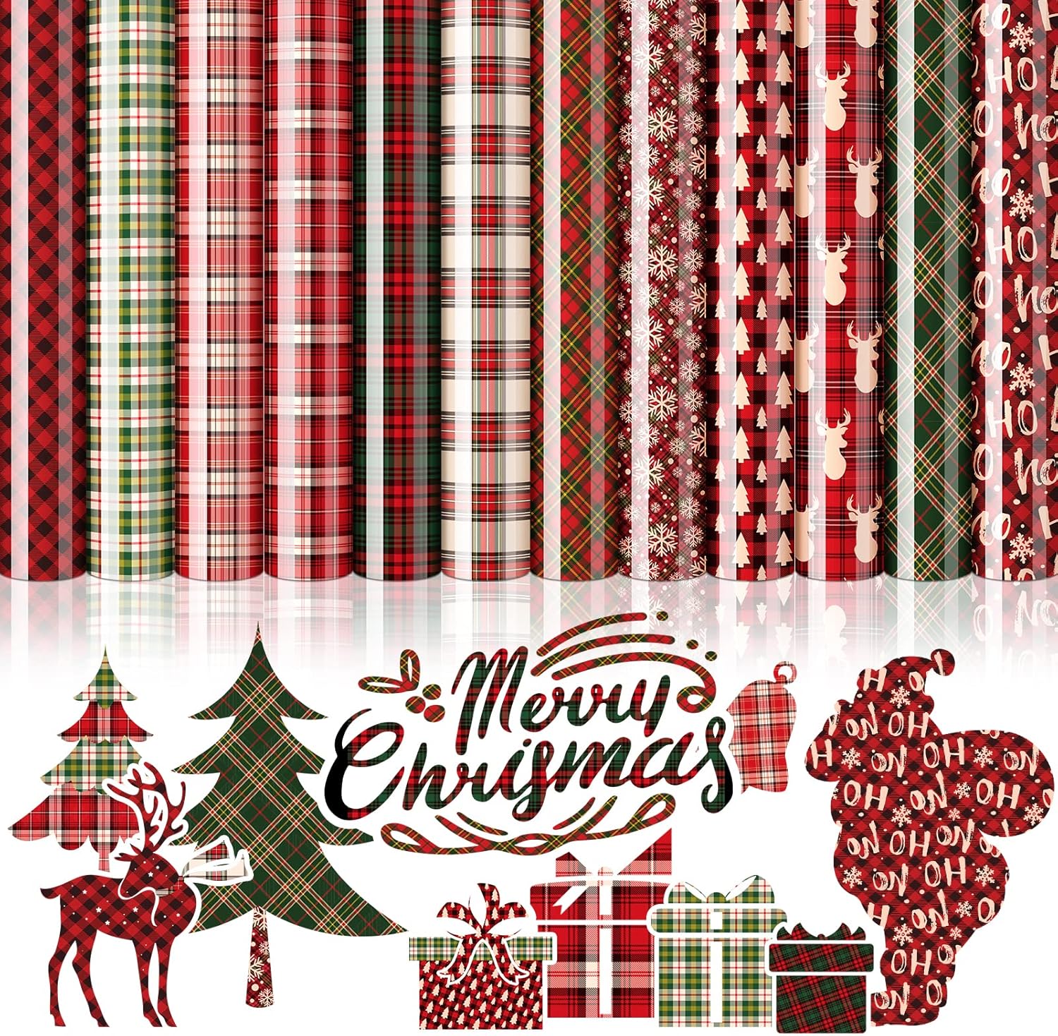 Whaline 12 Sheet Christmas Heat Transfer Vinyl Colorful Plaid HTV Iron on Vinyl Checkered Pattern Adhesive Craft Vinyl for Christmas Holiday DIY Fabric Silhouette Hat Bag Craft Supplies, 9.6 x 11.8