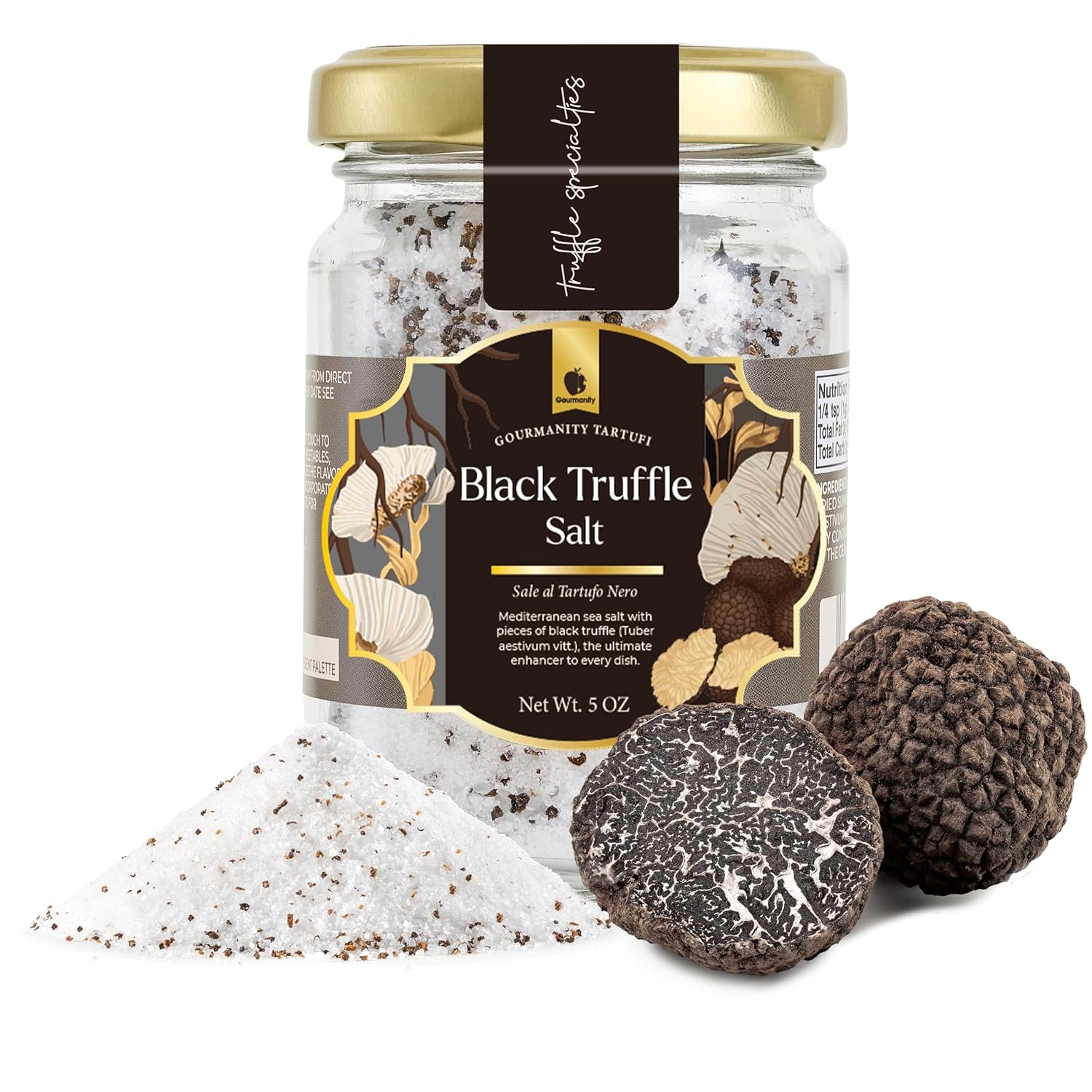 Gourmanity Black Truffle Salt, Coarse Mediterranean Sea Salt with Black Truffle Flakes (Tuber Melanosporum Vitt.), Use as a truffle seasoning, Product of Italy, 5oz Jar