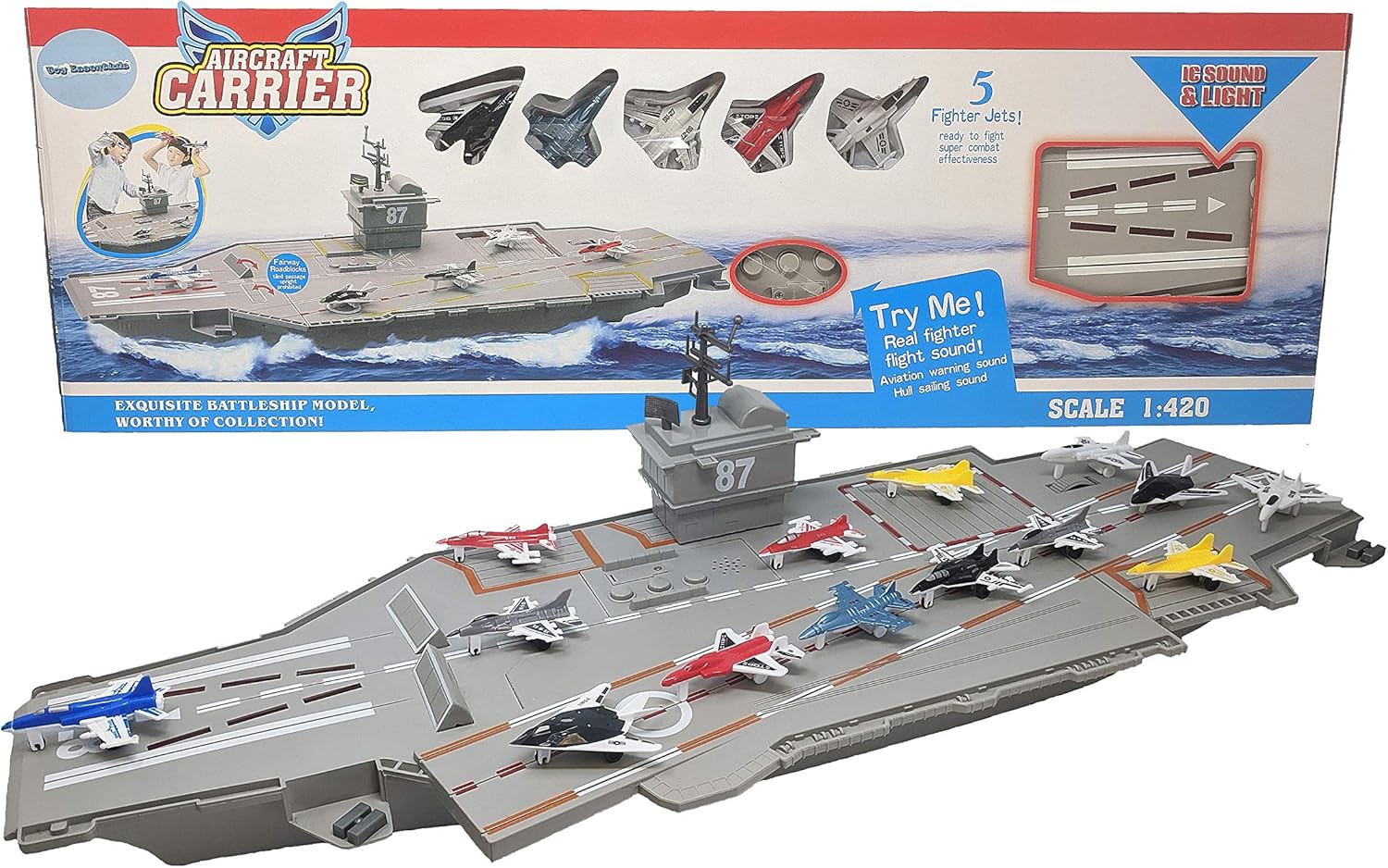 30 Inch Aircraft Carrier with Sound Effects and Light Up Runway (14 Fighter Jets)