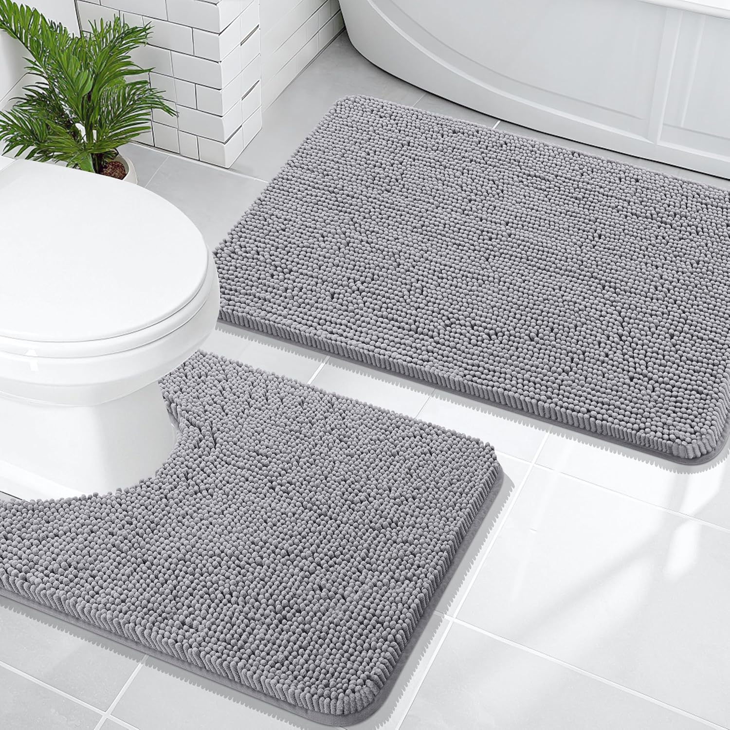 OLANLY Bathroom Rugs Sets 2 Piece, Soft Absorbent Chenille Bath Mats and U-Shaped Contour Toilet Mat Area Rug Set, Machine Washable Bath Carpet, Home Decor Accessories(30"x20"+24"x20", Grey)