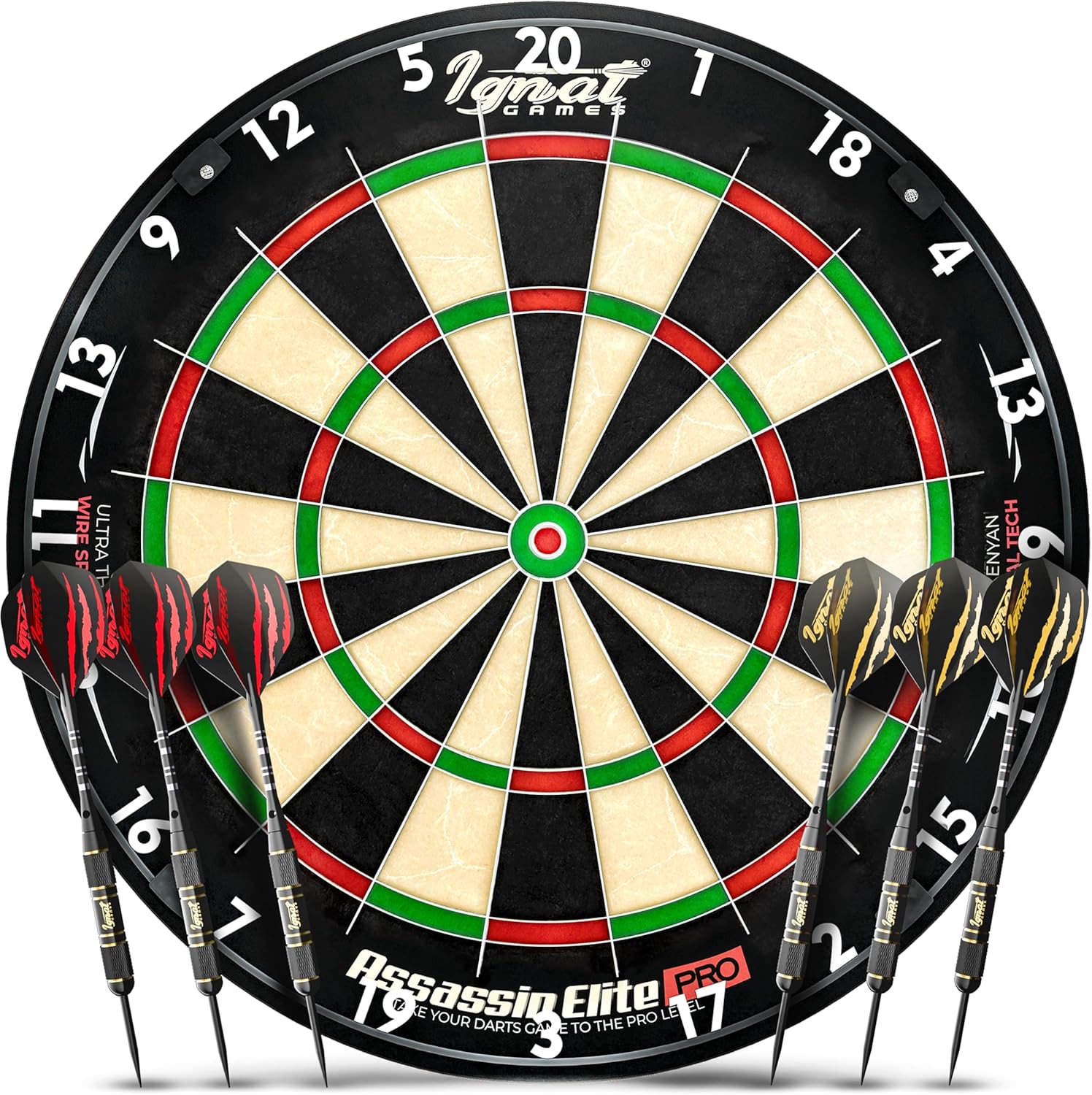 IgnatGames Dart Board Professional- Competition Size Kenyan Sisal Dart Board for Adults - Staple-Free Ultra-Thin Wire Spider Dartboard + Accessories & SnapFit Dartboard Mounting Bracket