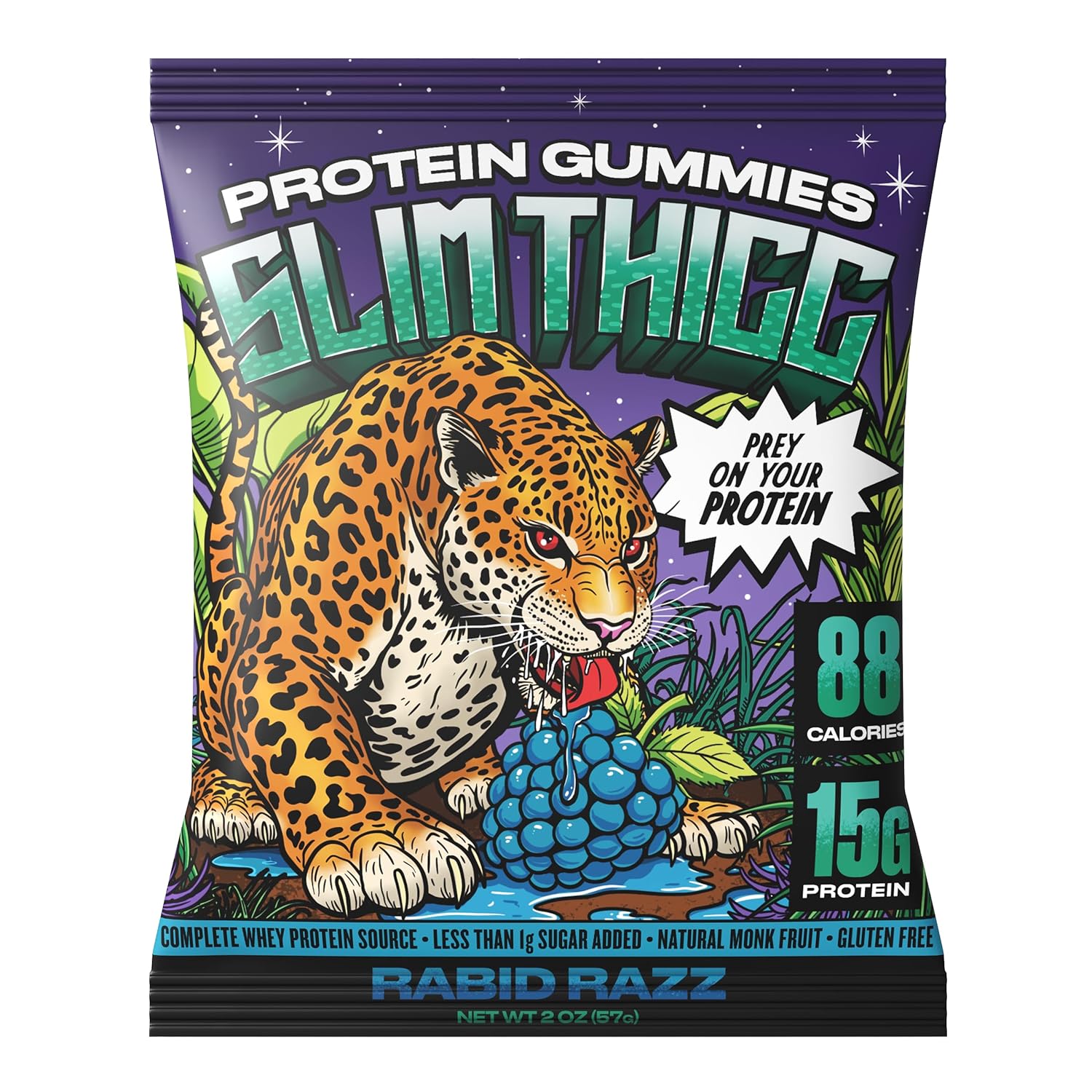 SlimThicc Protein Gummy Candy – High-Protein, Low-Sugar, High-Fiber, Only 88 Calories – Anti-Melt, Gluten-Free, Non-GMO – 15g Protein per Pack