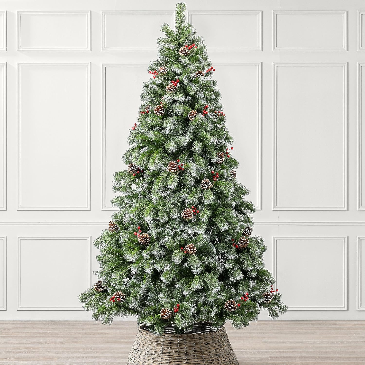 CHRISTOW 6ft Artificial Christmas Tree with Snow Pine Cones & Berries, Luxury Natural Looking Flocked Woodland Spruce, Indoor Xmas Decoration, Easy Assembly with Stand, 611 Tips (skirt not included)