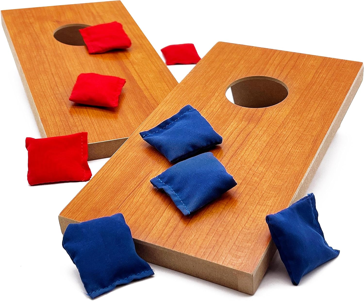Super Fun MINI Kids Portable Tabletop Cornhole Set. Two 10.5" x 5.25" Boards with 4 Red & 4 Blue Double Lined Bags. Great Slumber Party, Sleepover, or Birthday Party Bag Toss Game for Your Child