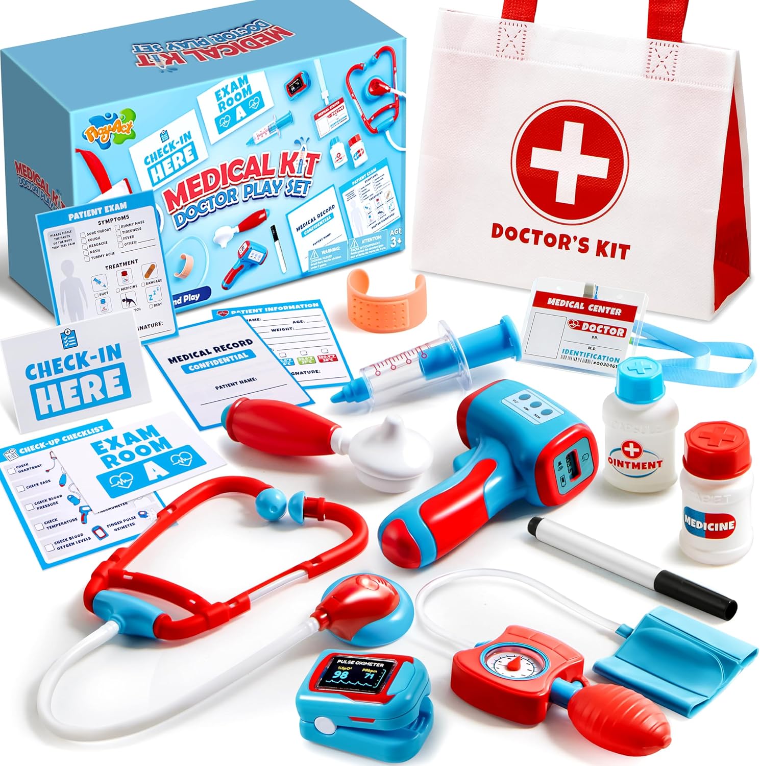 Kids Doctor Kit, 16-Piece Pretend Play Medical Kit with Bag, Doctor Role Play Set with Realistic Toy Stethoscope, Reusable Record Cards, Dress Up Playset for Toddlers Ages 3+