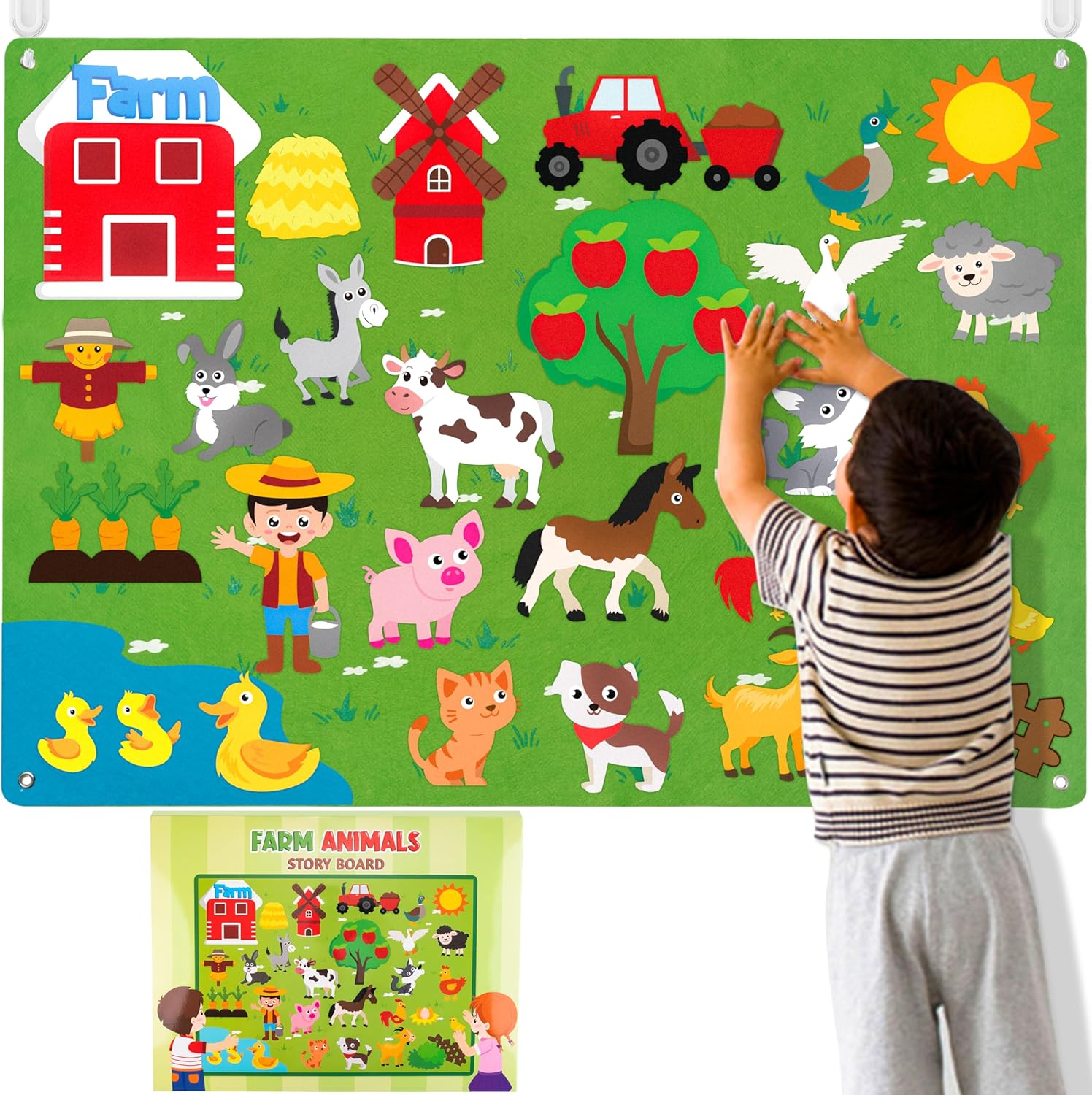 WATINC Farm Animals Felt Story Board Set 3.5Ft 38Pcs Preschool Farmhouse Themed Storytelling Flannel Barnyard Domestic Livestock Early Learning Interactive Play Kit Wall Hanging Gift for Kids