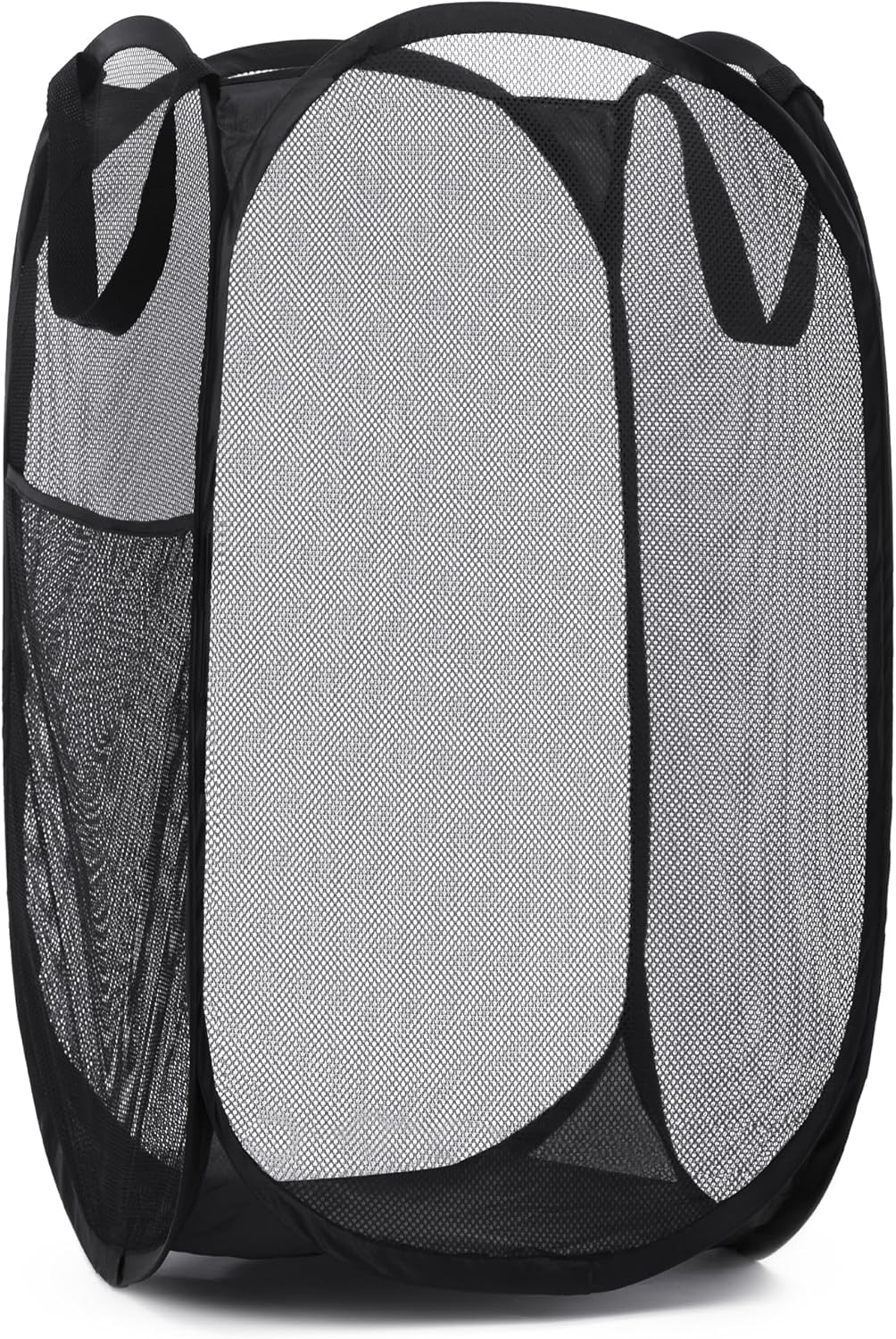 Handy Laundry Collapsible Mesh Pop Up Hamper with Wide Opening and Side Pocket – Breathable, Sturdy, Foldable, and Space-Saving Design for Clothes and Storage. (Black)