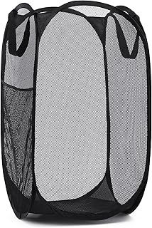 Handy Laundry Collapsible Mesh Pop Up Hamper with Wide Opening and Side Pocket – Breathable, Sturdy, Foldable, and Space-Saving Design for Clothes and Storage. (Black)