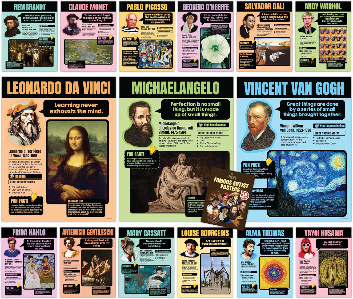 Decorably 15 Famous Art Posters, 11x14in Matte-Laminated Educational Art Posters for Classroom Famous Artists - Classrooms, School Hallways, Bulletin Boards, Education Centers, Home Study Room