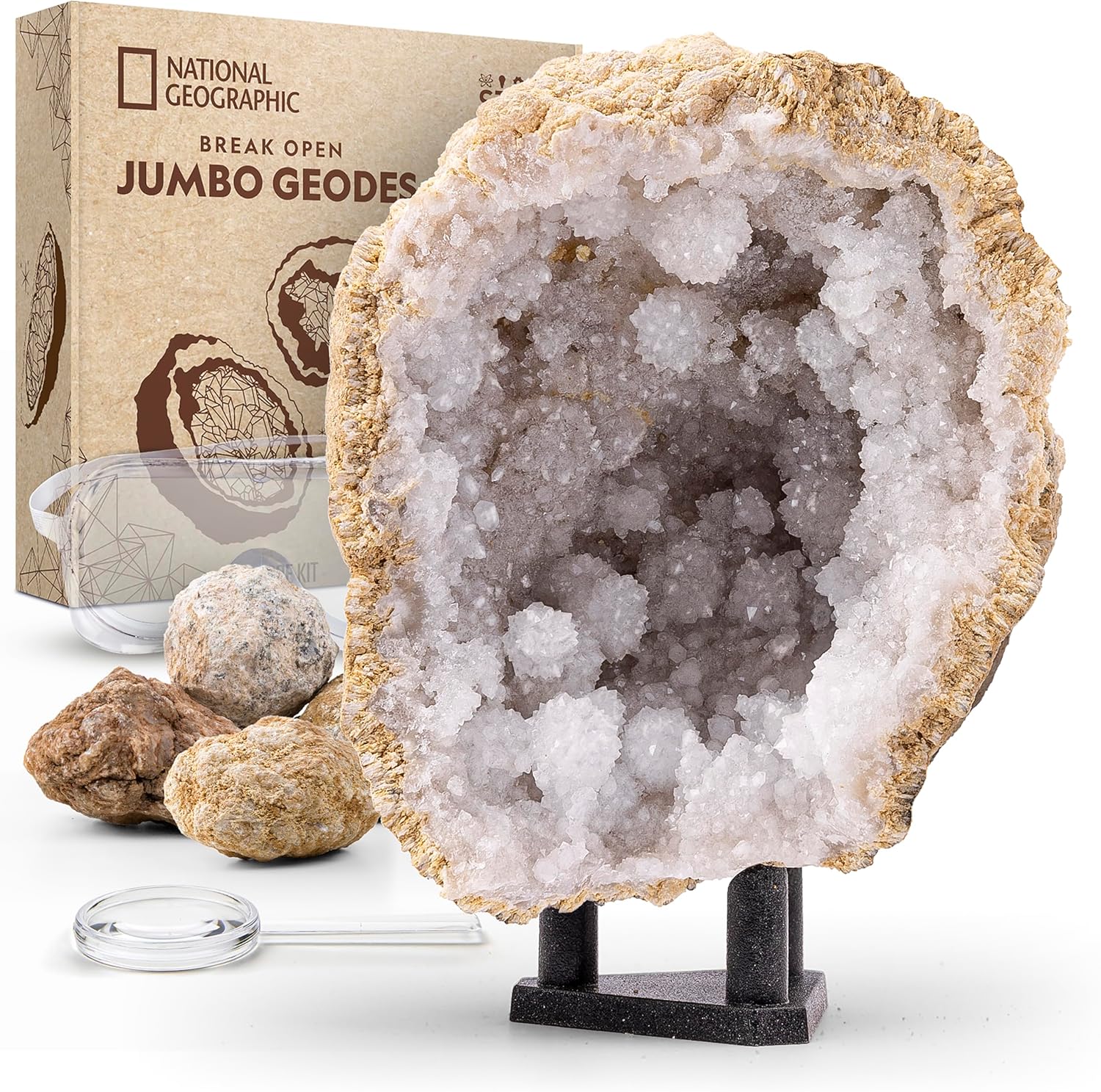 NATIONAL GEOGRAPHIC Break Open 5 Jumbo Geodes - Earth Science Kit with 5 Premium, 8-10 cm Geodes with Crystals, Goggles, Learning Guide & Display Stands, Science Gifts, Fun Stuff for Kids