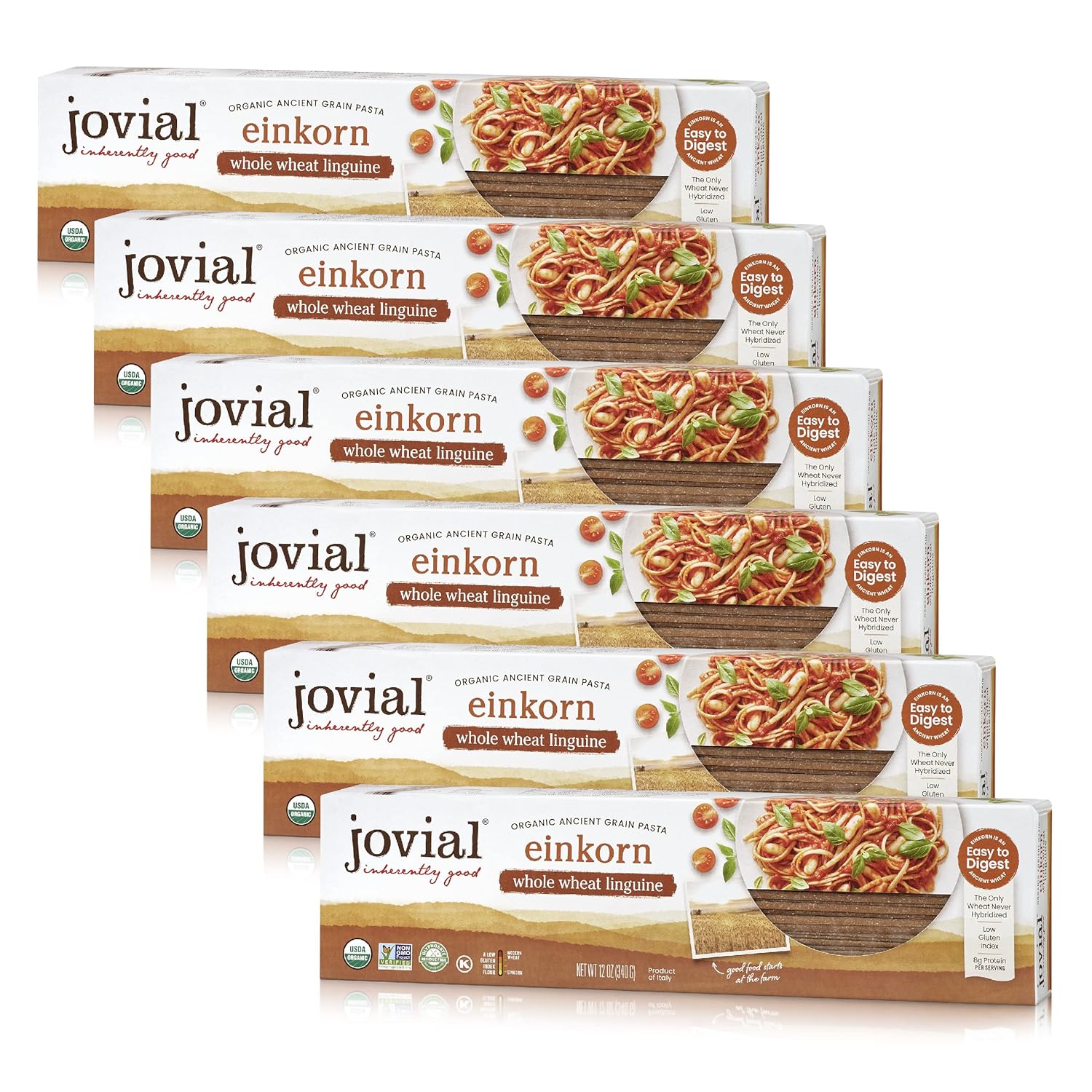 Jovial Einkorn 100% Organic Whole Grain Linguine - Einkorn Pasta, High Protein, Non-GMO, USDA Certified Organic, Lower Carb, Delicious Pasta Made in Italy - 12 Oz, 6 Pack