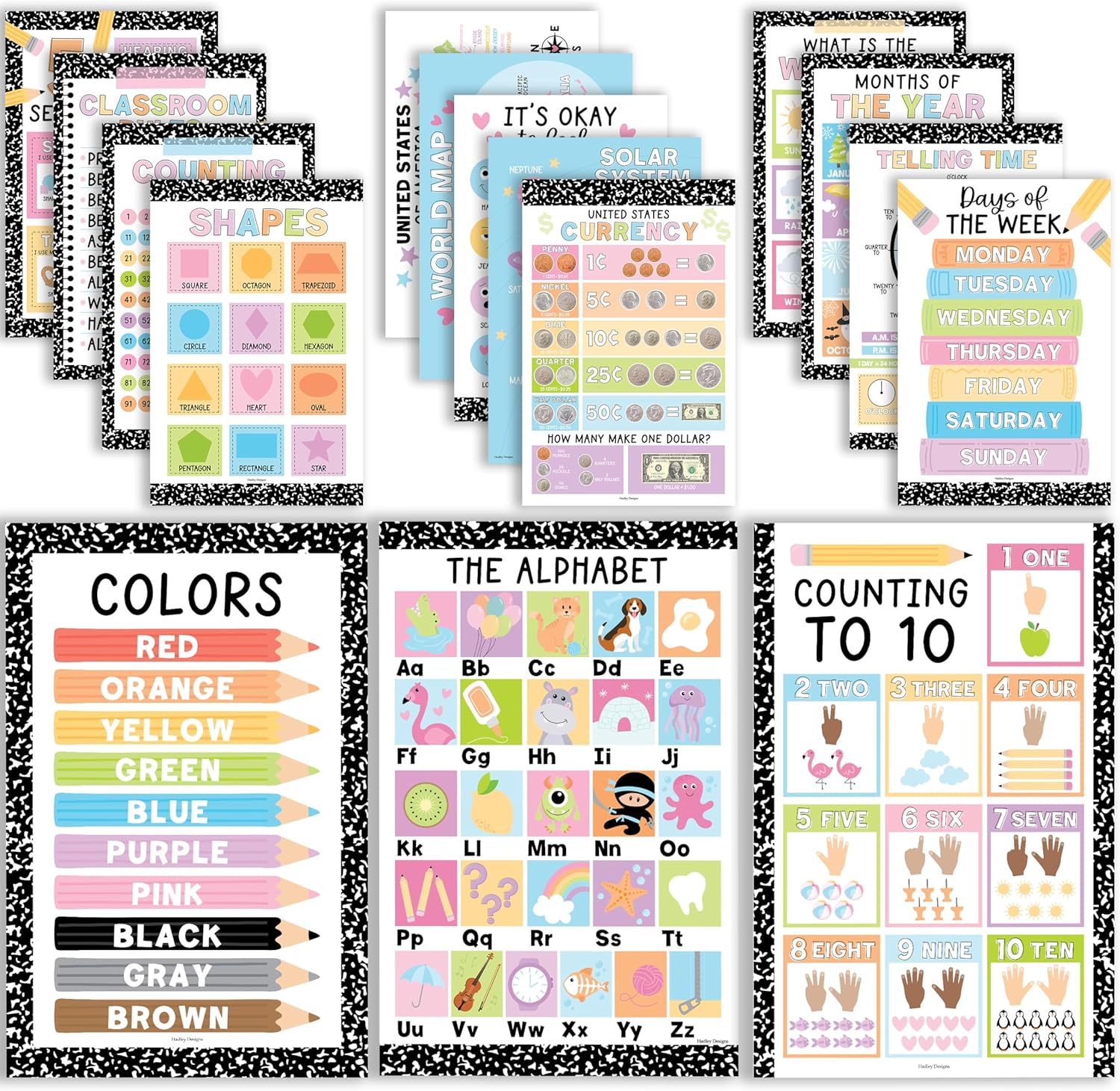 Hadley Designs 16 Educational Posters for Toddlers 1-3, Laminated Toddler Learning Posters for Preschool & Kindergarten, ABC Chart, Numbers, Colors, Shapes, Days of The Week, Pastel Classroom Decor