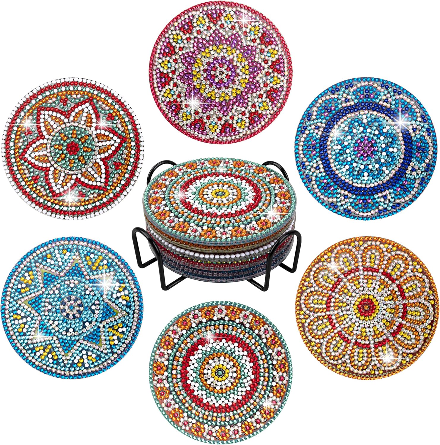 Temlum 6 Pcs Diamond Painting Coasters Kit with Holder, DIY Mandala Diamond Art Coaster Kits for Beginners, Adults Art Craft Supplies