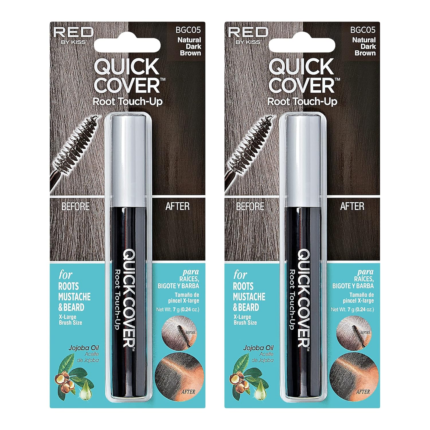 RED by KISS Quick Cover Root Touch Up Rescue (Natural Dark Brown 2 Pack), Mascara Natural Water-Resistant Temporary Gray Concealer Cover Up Brush for Hair Mustache & Beard, Formulated with Jojoba Oil