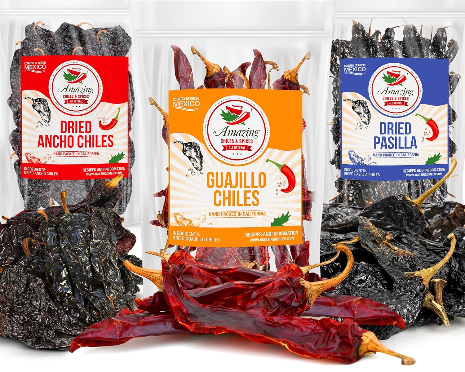 Dried Chile Peppers Variety Pack (12 oz Total) - Ancho, Guajillo, Pasilla Chiles – Staple for Mexican Recipes - Birria, Salsa, Sauces, Stews, Tamales By Amazing Chiles and Spices