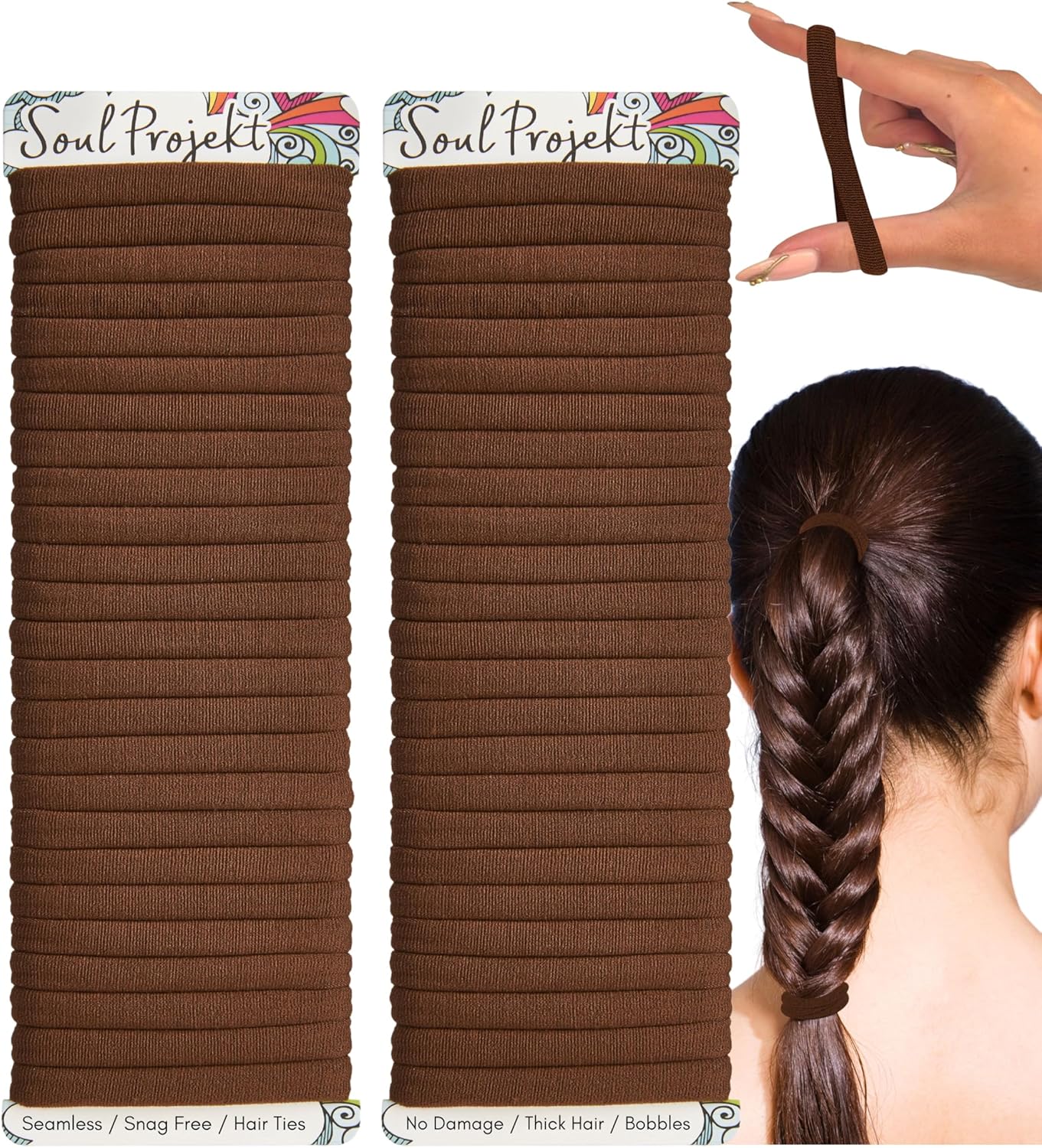 Soul Projekt Brown Thick Hair Bands 50 Pack 8mm, Neutral Bobbles, Ladies Hair Band, School Hair Accessories, Snag Free Kids Hair Ties, No Damage Seamless