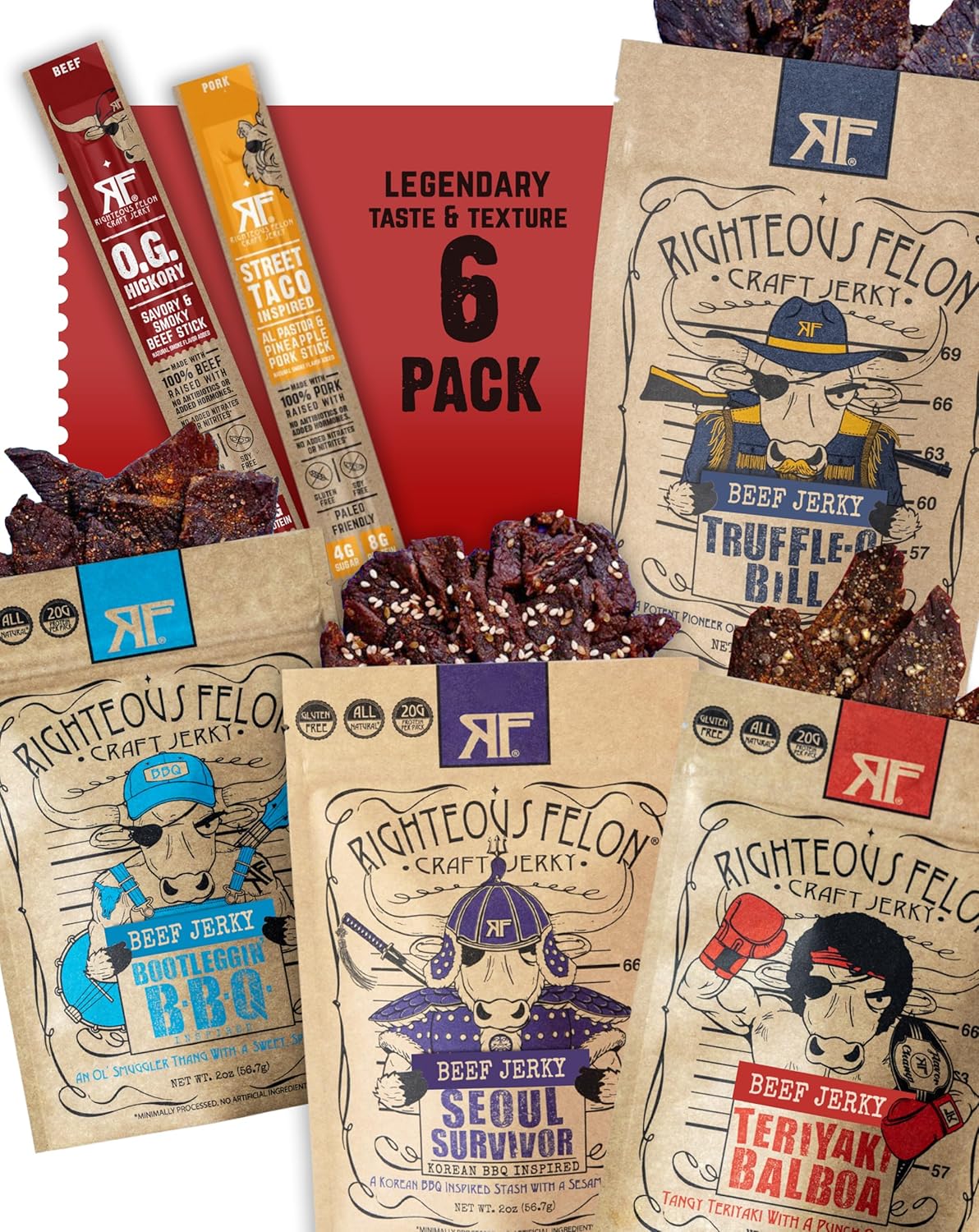 Righteous Beef Jerky Variety Pack Gift Basket - Great Gifts for Men | Gluten Free, High Protein Healthy Snack | Beef, Pork, & Turkey Jerky Variety Snack Pack | Fan Favorites 6 Pack