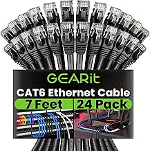 GEARit Cat 6 Ethernet Cable (24-Pack 7 Feet) Cat6 Network Patch, 10Gbps, RJ45, Snagless Cord, Gold-Plated Connectors, Internet for PC, TV, Tablet, Router, Printer, Servers, IT Data Center - Black