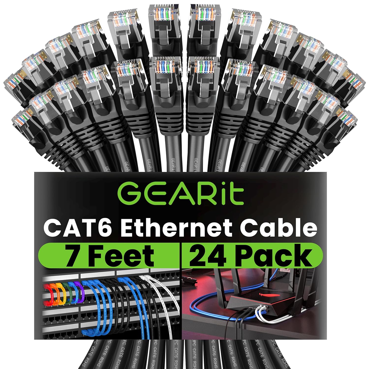 GEARit Cat 6 Ethernet Cable (24-Pack 7 Feet) Cat6 Network Patch, 10Gbps, RJ45, Snagless Cord, Gold-Plated Connectors, Internet for PC, TV, Tablet, Router, Printer, Servers, IT Data Center - Black