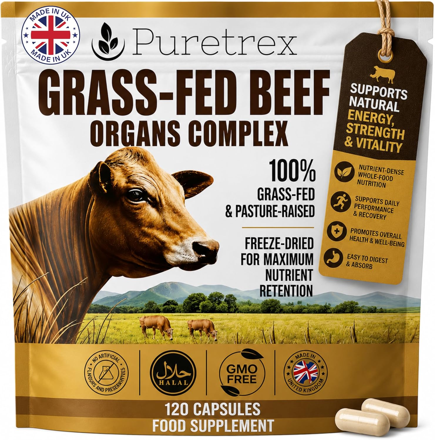 Puretrex Beef Liver Capsules, Grass Fed Beef Organs, Freeze Dried, 120 Caps