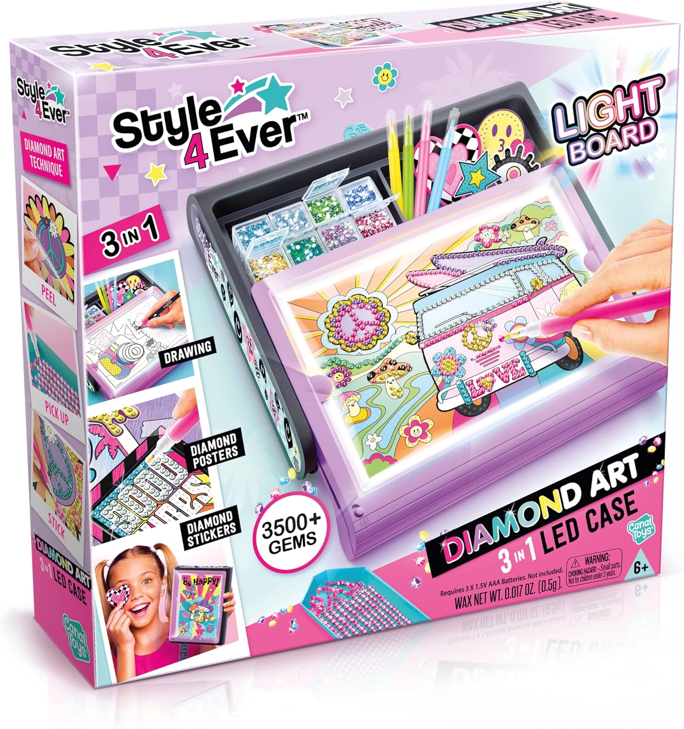 Canal Toys Style 4 Ever Diamond Art Studio. 3 in 1 LED case with Light up Board. Create Drawings, Diamond Posters, and Diamond Stickers. Age 6+