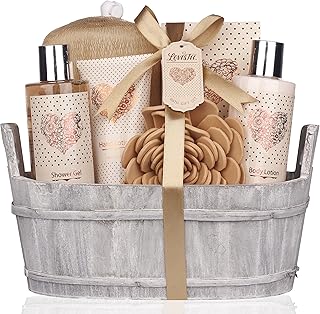 Spa Gift Basket – Bath and Body Set with Vanilla Fragrance by Lovestee - Gift Basket Includes Shower Gel, Body Lotion, Hand Lotion, Bath Salt, Eva Sponge and a Bath Puff