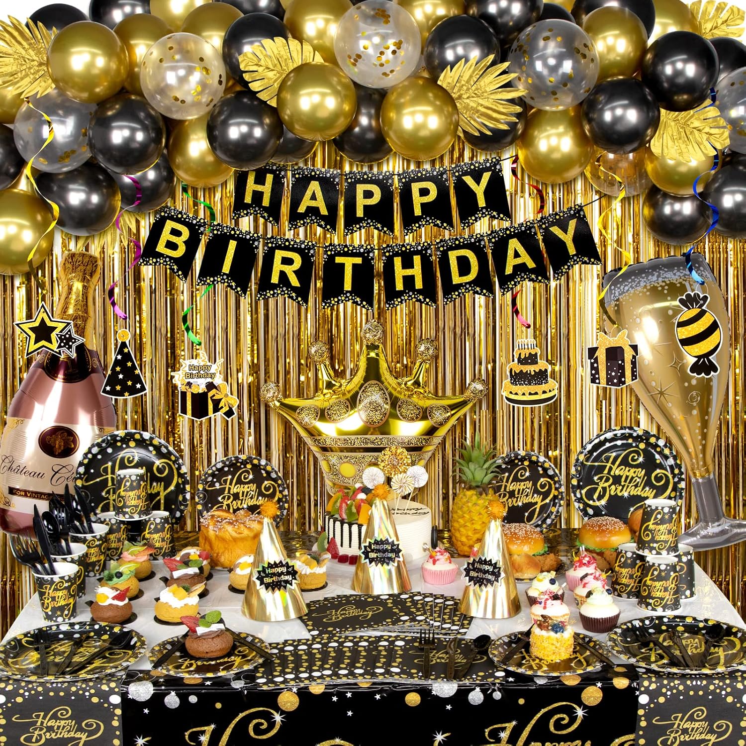 Black and Gold Birthday Party Decorations, Happy Birthday Party Supplies for Men Women Includes Balloons, Curtains, Banner, Hanging Swirls, Tablecloth, Plates, Cake Toppers for Party
