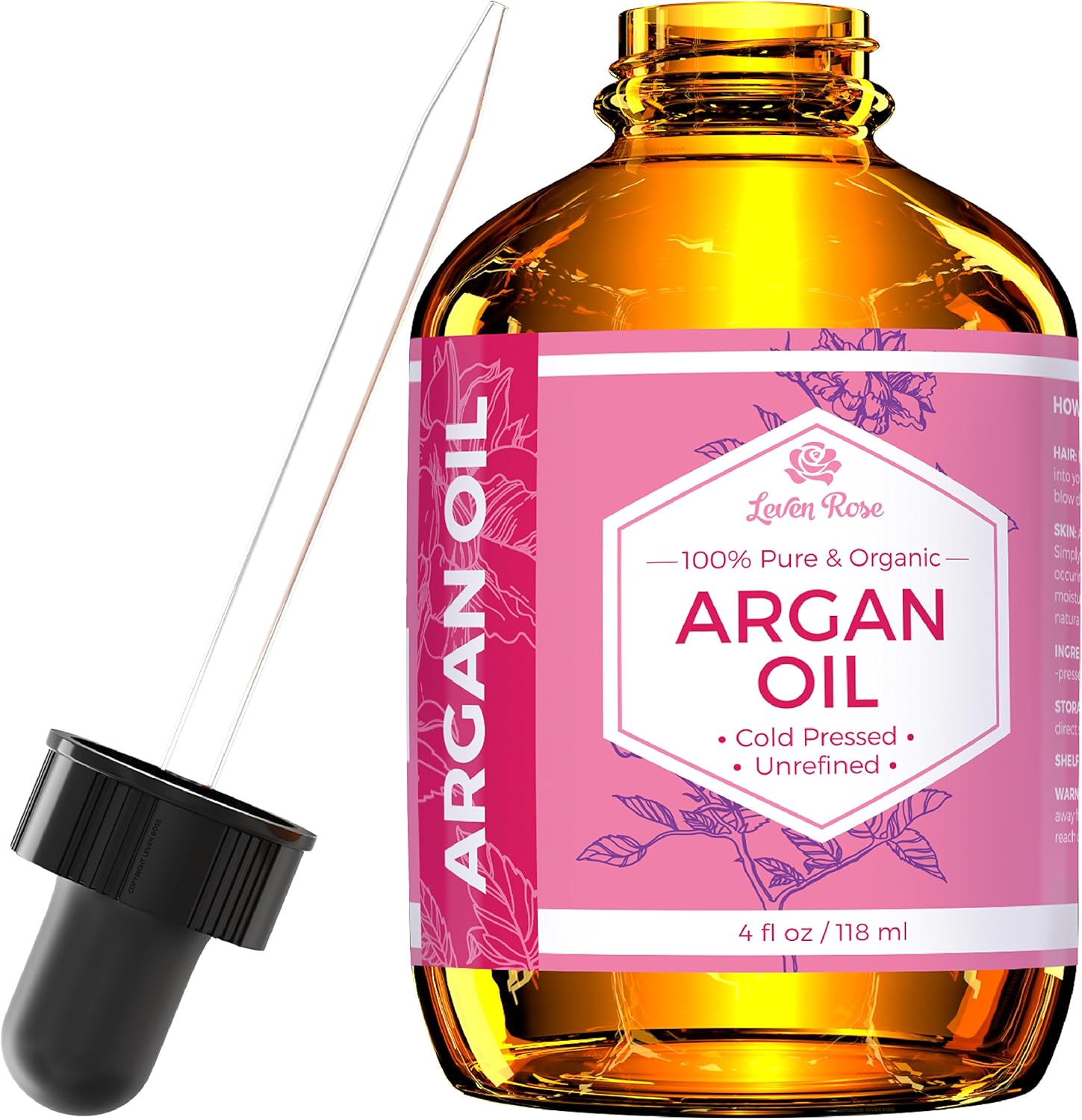Leven Rose Virgin Argan Oil - Cold Pressed, 100% Organic for Hair, Skin, Face & Nails - Best Moroccan Anti-aging, Anti-wrinkle, Soaks in Quickly - Prevents Frizz & Increases Natural Hair Shine & Silkiness - Helps with Eczema, Acne, Dry Patches - Great As Natural Beard Oil and Conditioner - Moisturizer for Dry Skin & Cuticles - 100% Pure Oil