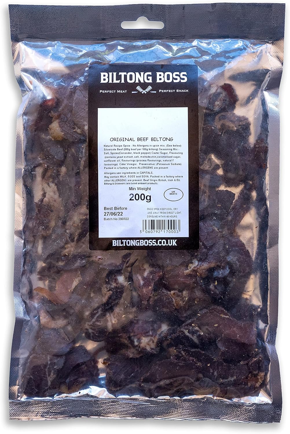 Biltong Boss Original Boss Beef Premium Authentic ,High Protein Ready To Eat Healthy Snack,Suitable For Gluten-Free,Paleo,Keto,Atkins Diets & Post-Workout,Low Sugar,Carbohydrates,200g,Packaging Vary