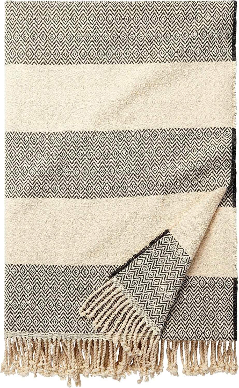 Amazon Aware Woven Cotton Striped Throw Blanket, 152 x 203 cm, Natural/Charcoal