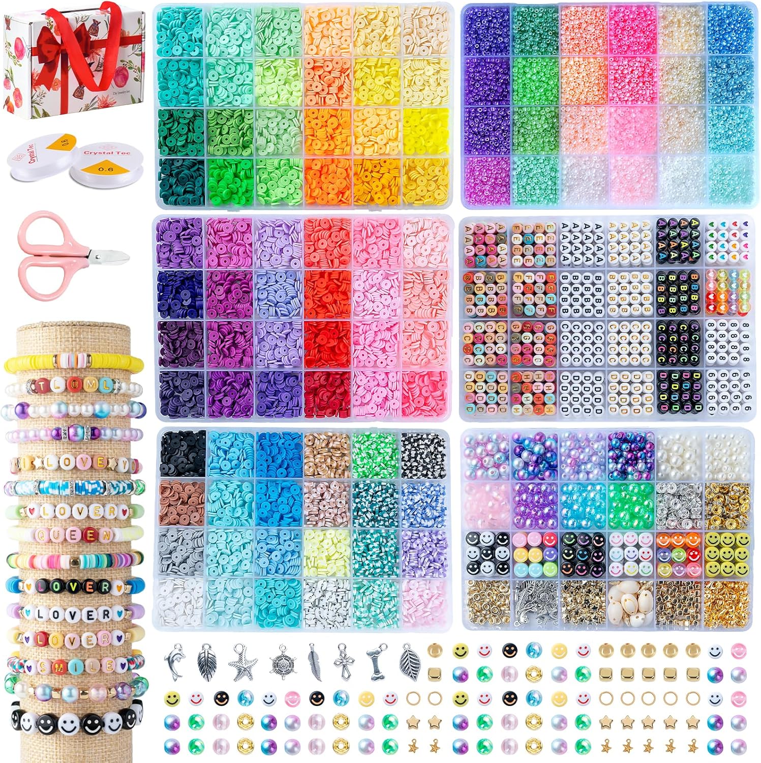 SJZWSD 6-Box Friendship Bracelet Making Kit - 16,000pcs Clay Beads, Seed & Glass Collection, Jewelry Making Kit, Letter Beads, Charms
