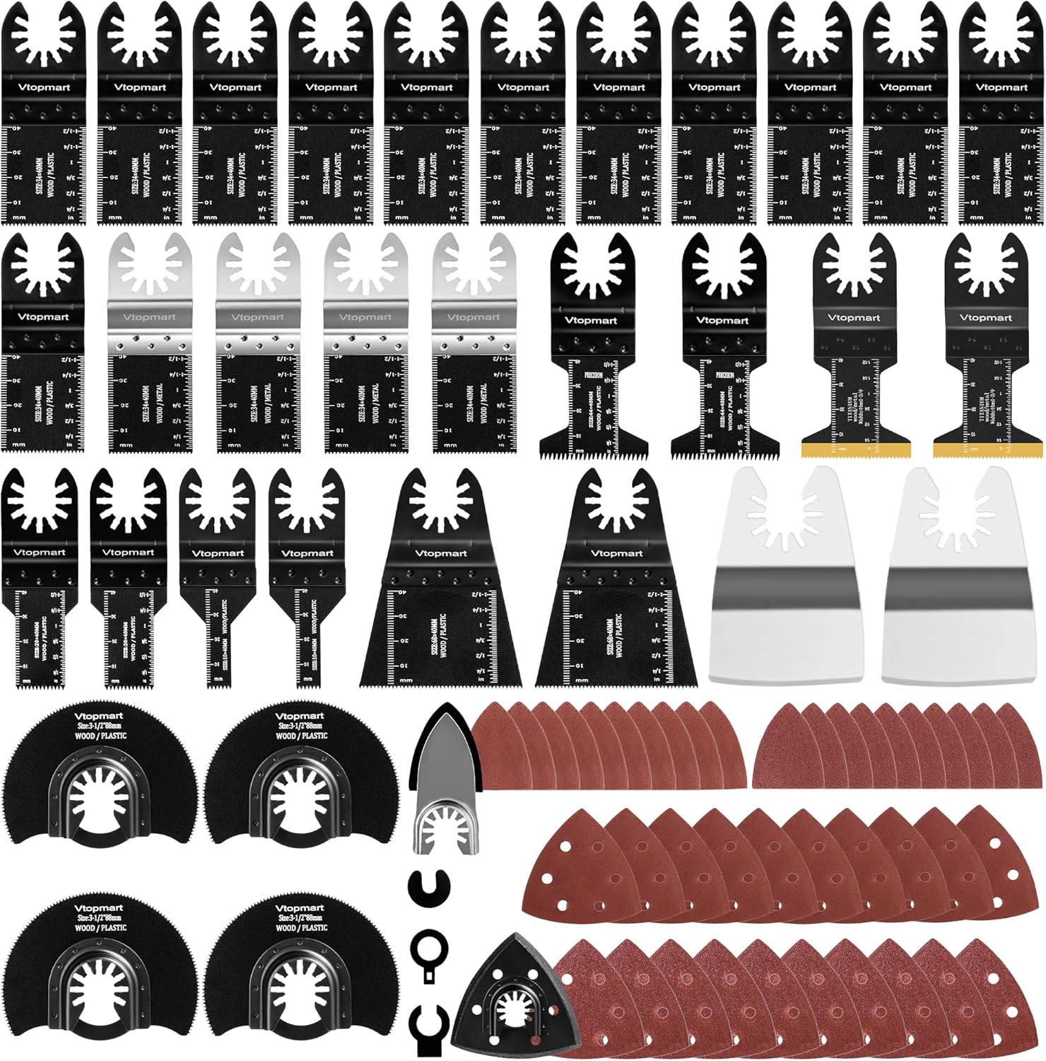 Vtopmart 114 Pcs Oscillating Tool Accessories Kit, Multitool Blade Set for Wood & Metal with Sandpaper Pads, Universal Oscillating Saw Blades Compatible with Bosch, DeWalt, Makita, Dremel and more