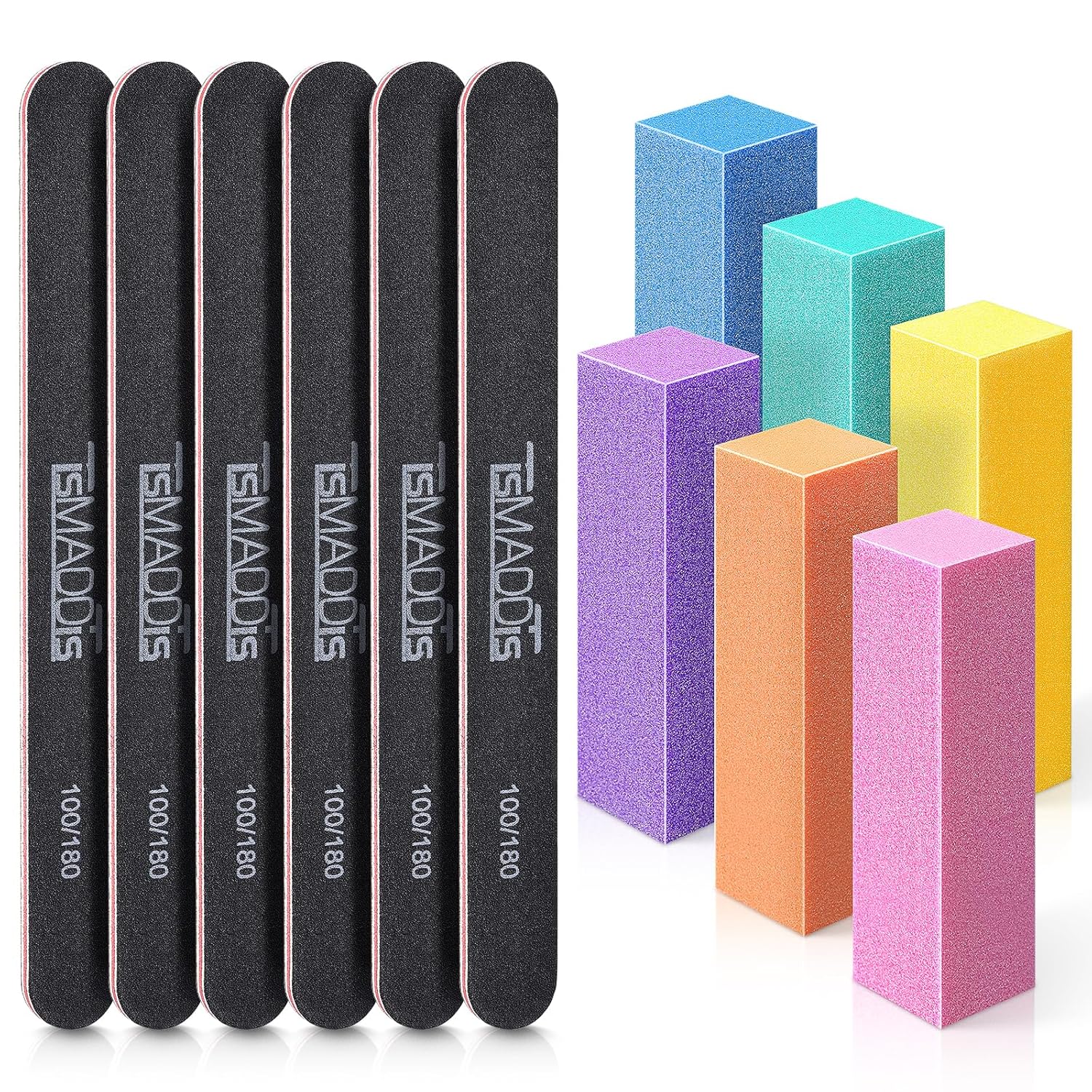 TsMADDTs Nail Files and Buffer, Professional Manicure Tools Kit Rectangular Art Care Buffer Block Tools 100/180 Grit 12Pcs/Pa(Black)