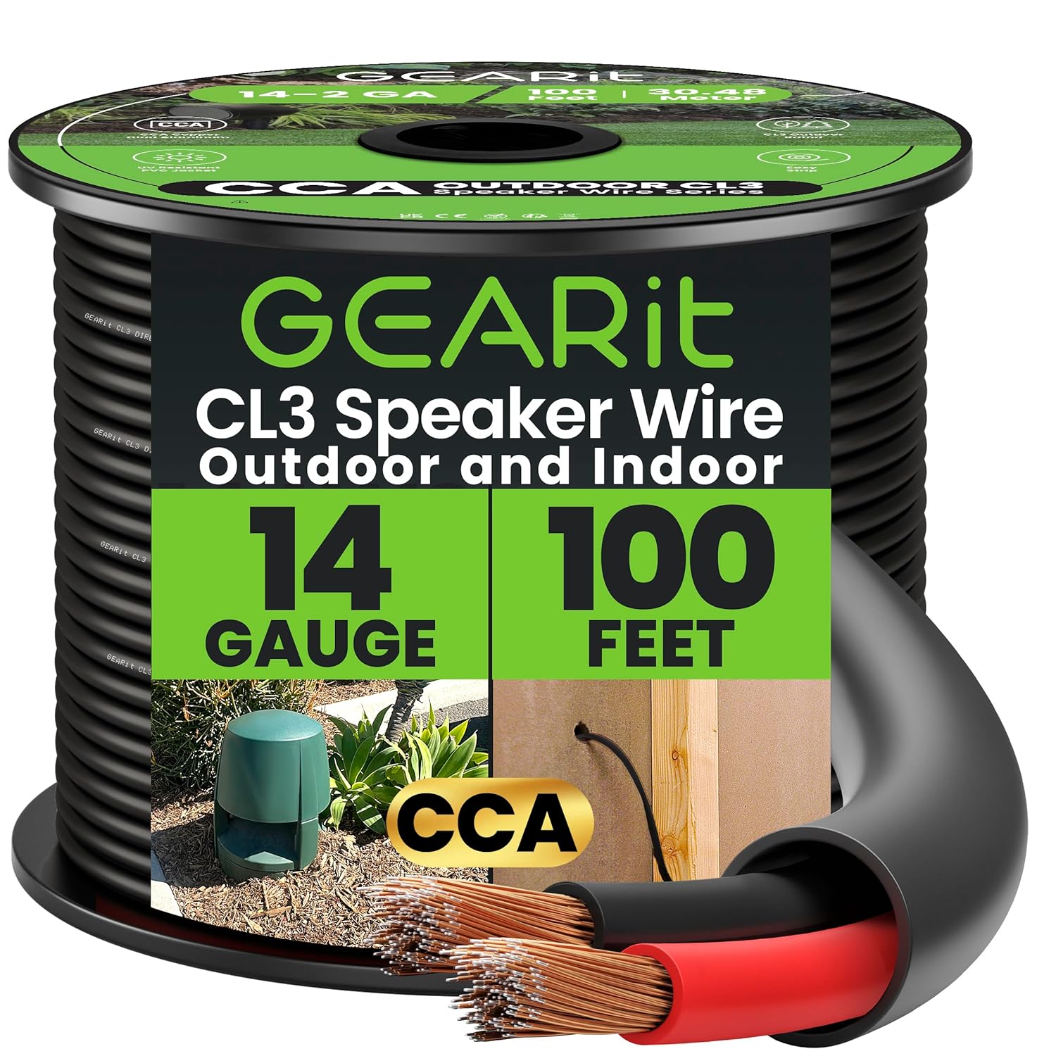 GEARit Speaker Wire 14 Gauge (100 Feet), Black Speaker Cable 14AWG, 2-Conductors, Speaker Wires for Car Audio and Outdoor Home Theater, CL3 Rated for Direct Burial/in-Wall Use, Copper Clad Aluminum