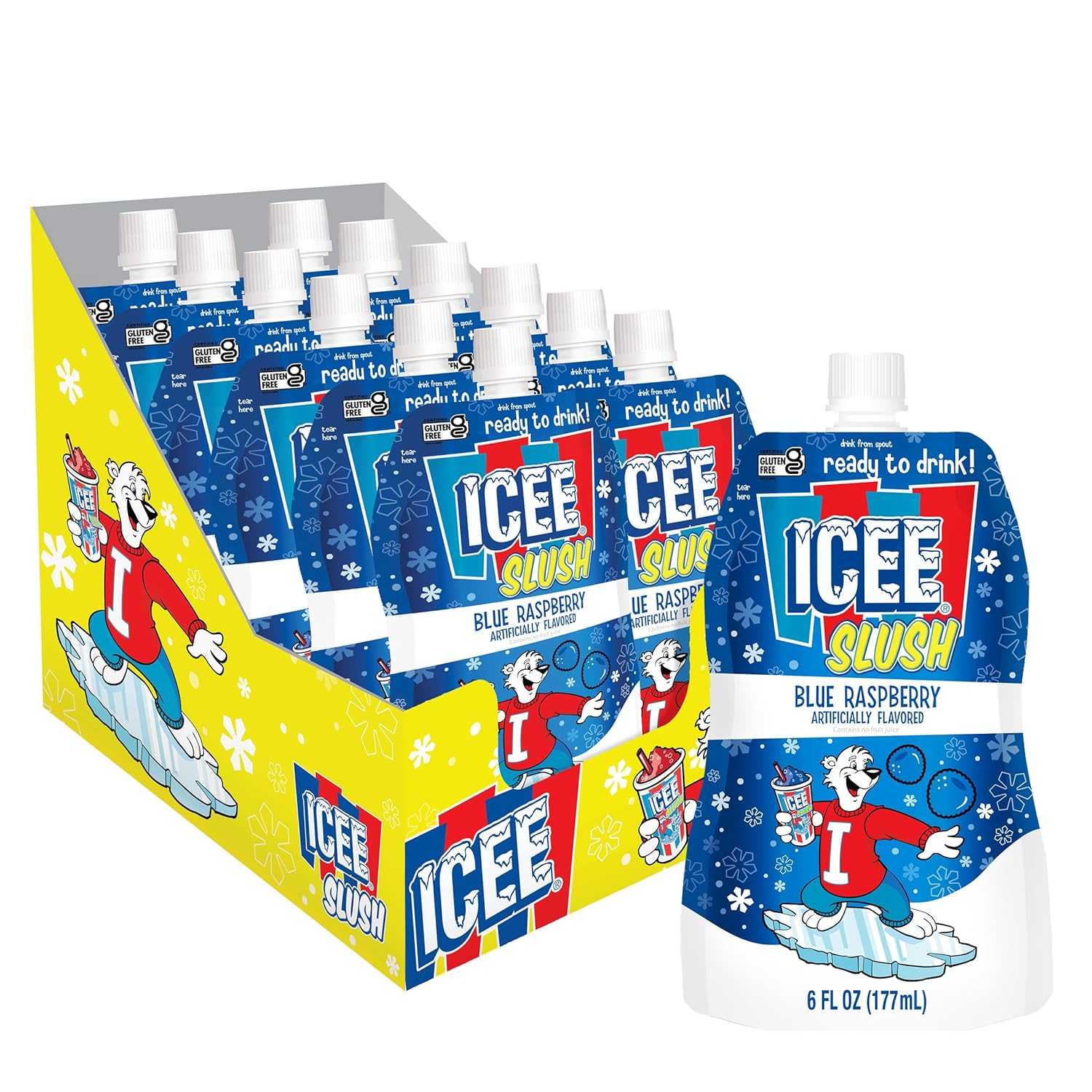 Icee Slush Frozen Fruit Drink Pouches - Just Freeze & Squeeze for Instant Slushy Maker, Great for Birthday Party, Lunchbox, No Icee Machine Needed, 12 Pack (6oz, Blue Raspberry)