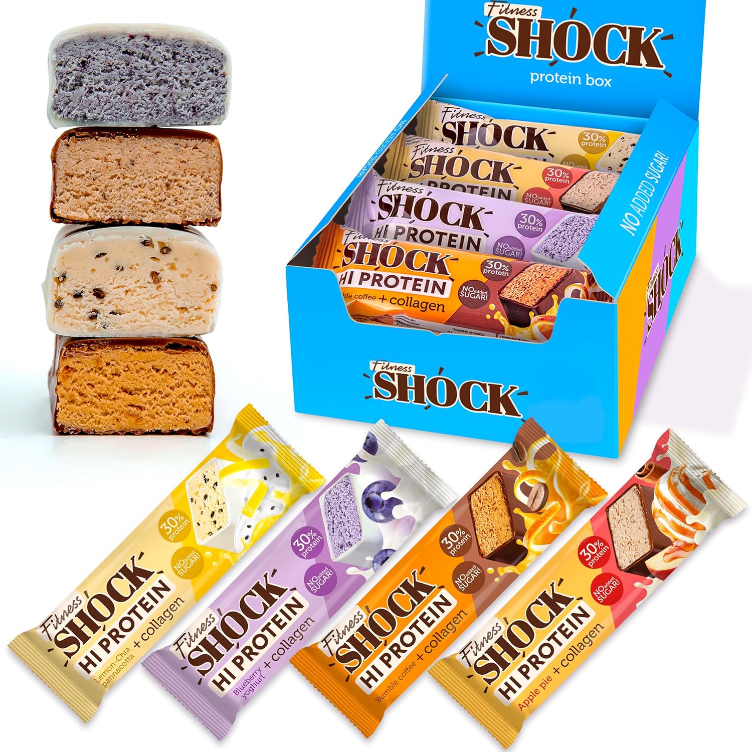 FitnesSHOCK High Protein Bar Mix Box, 12g Protein, Low Carb, No Added Sugar, 5g collagen, Fiber-Rich, Low Calorie 140 Kcal, 12x40g