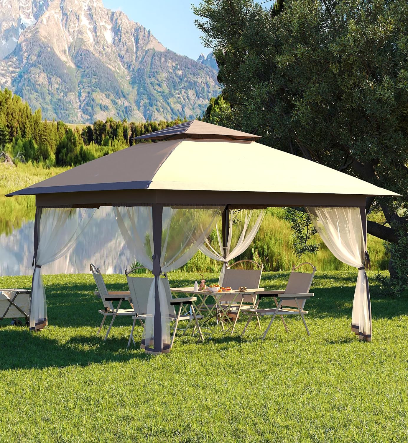 13x13FT Pop Up Gazebo,Canopy Tent with Mosquito Netting, Gazebos on Clearance,Outdoor Patio Gazebo,Backyard Tent for Party,Wedding,Outdoor Dining(Khaki+Light Khaki)
