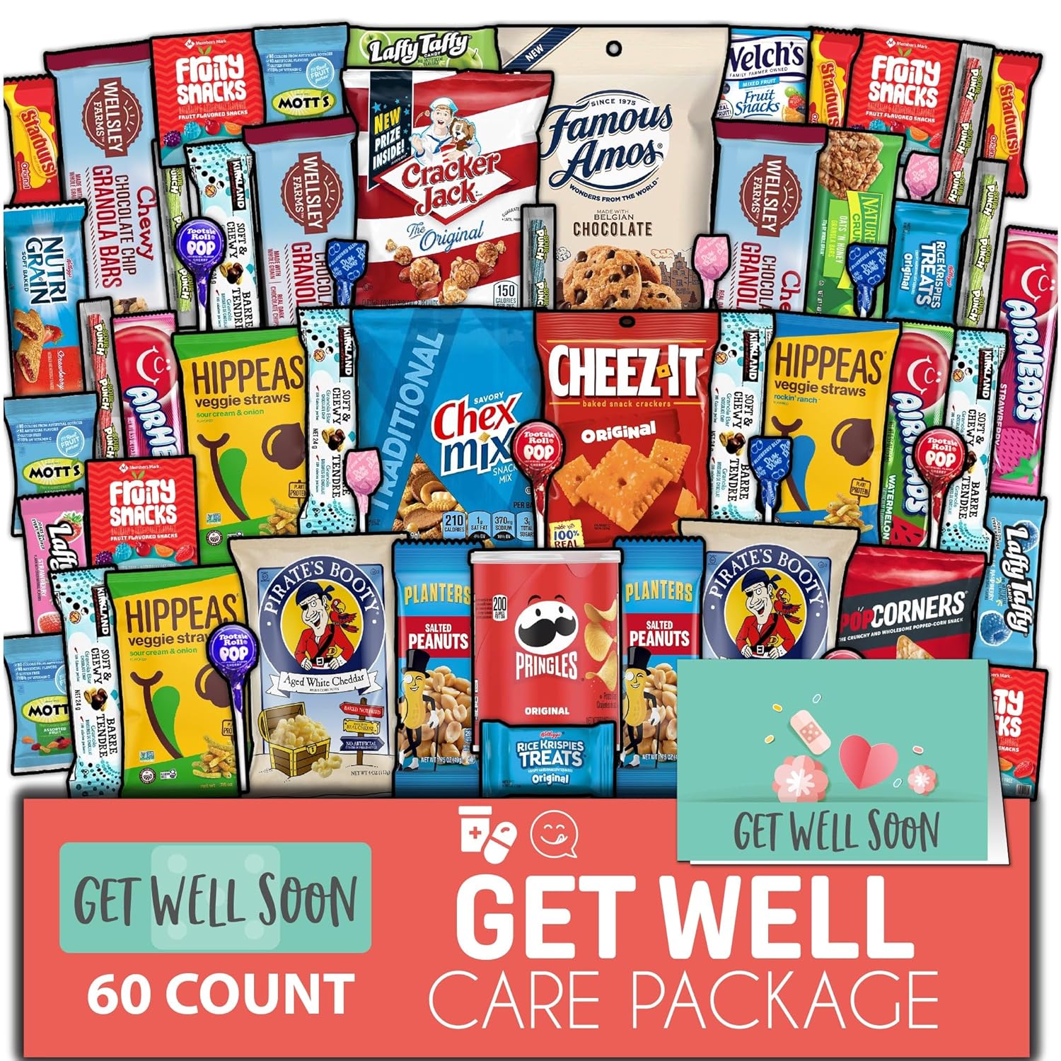 Gift A Snack - Get Well Soon Snack Box Variety Pack Care Package + Greeting Card (60 Count) Feel Better Sweet Treats Gift Basket, Candies Chips Crackers Bars - Cravy Food Assortments & Variety Gifts